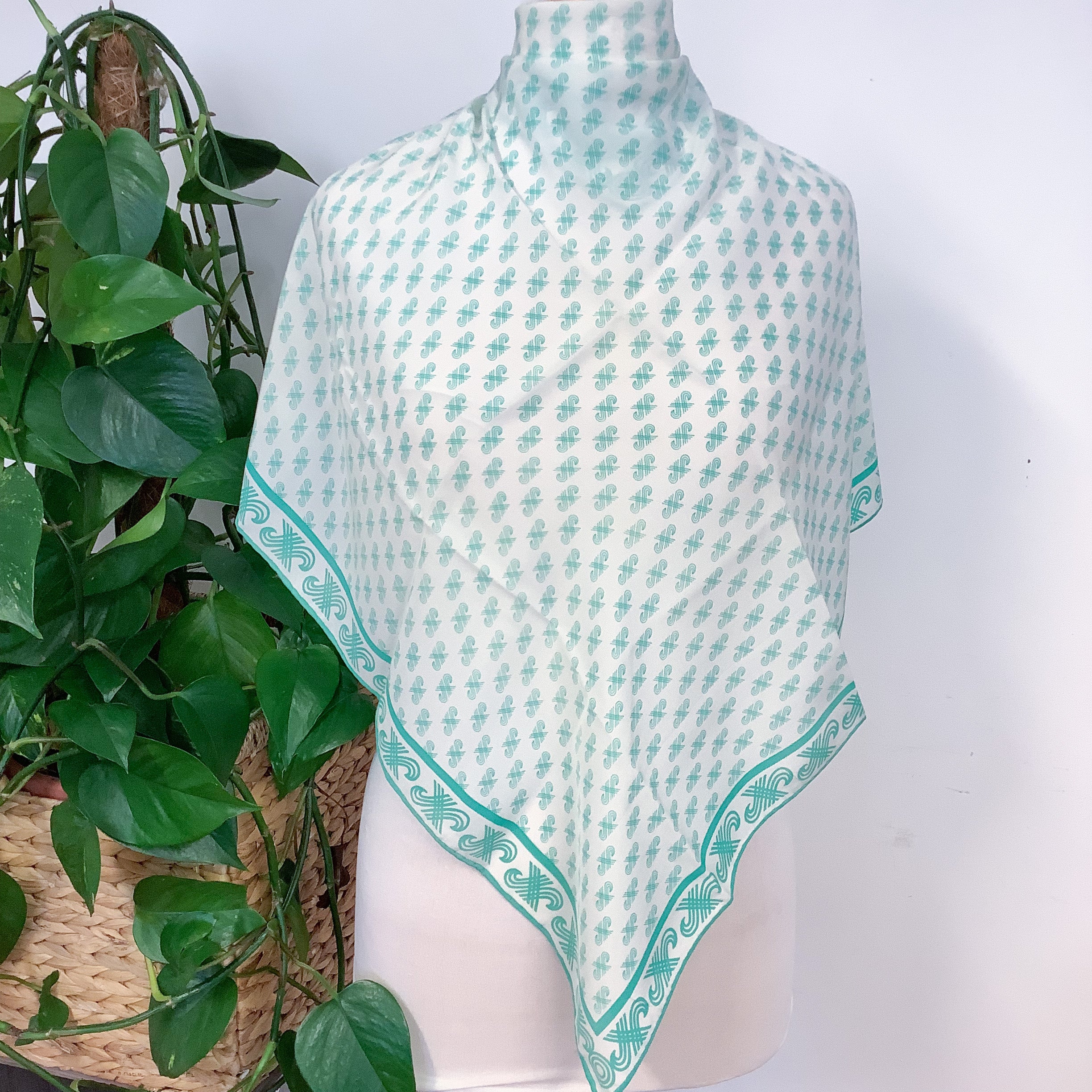 1970s Green and White Jaeger Vintage Silk Scarf
