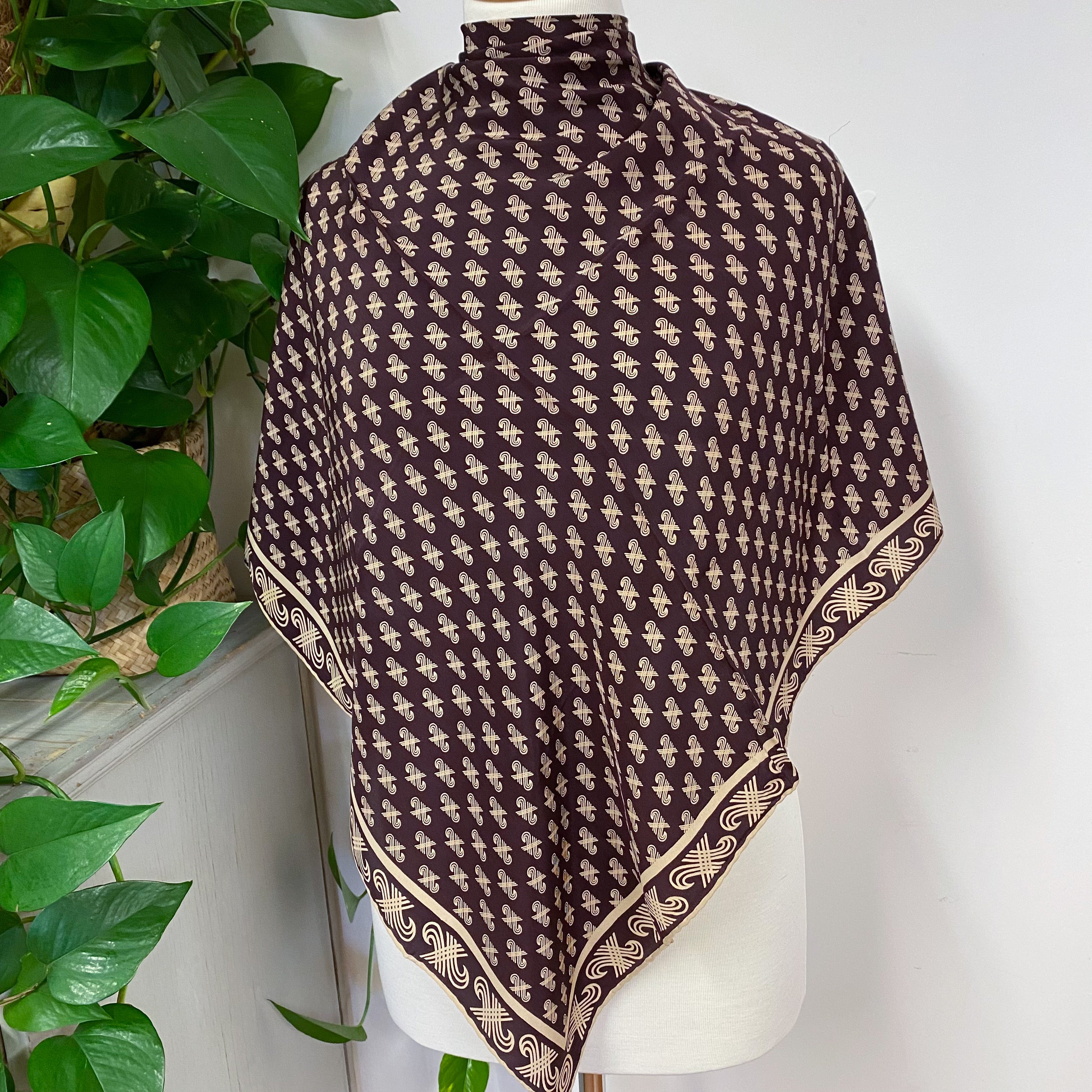 1970s Brown and Cream Jaeger Vintage Silk Scarf