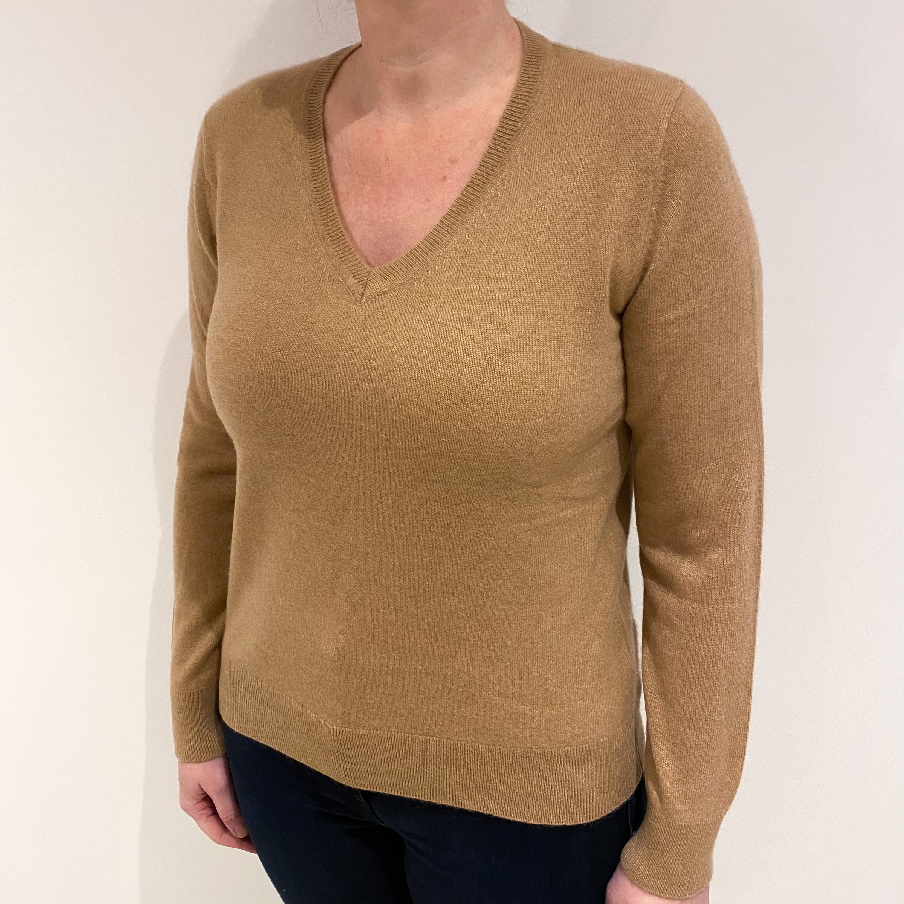 Camel Brown Cashmere V Neck Jumper Large