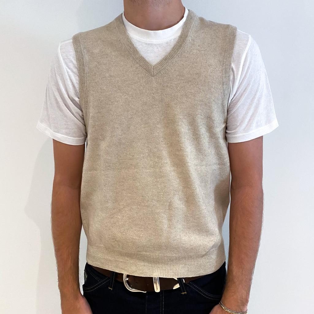 Men's Sand Beige Cashmere V-Neck Tank Top Medium