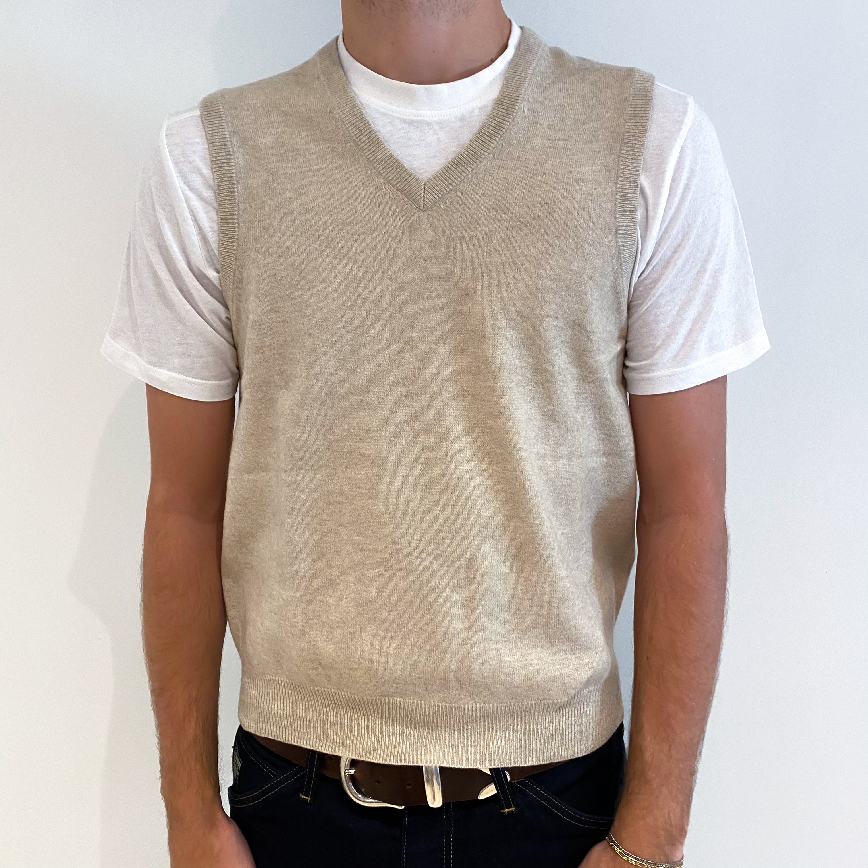 Men's Sand Beige Cashmere V-Neck Tank Top Medium