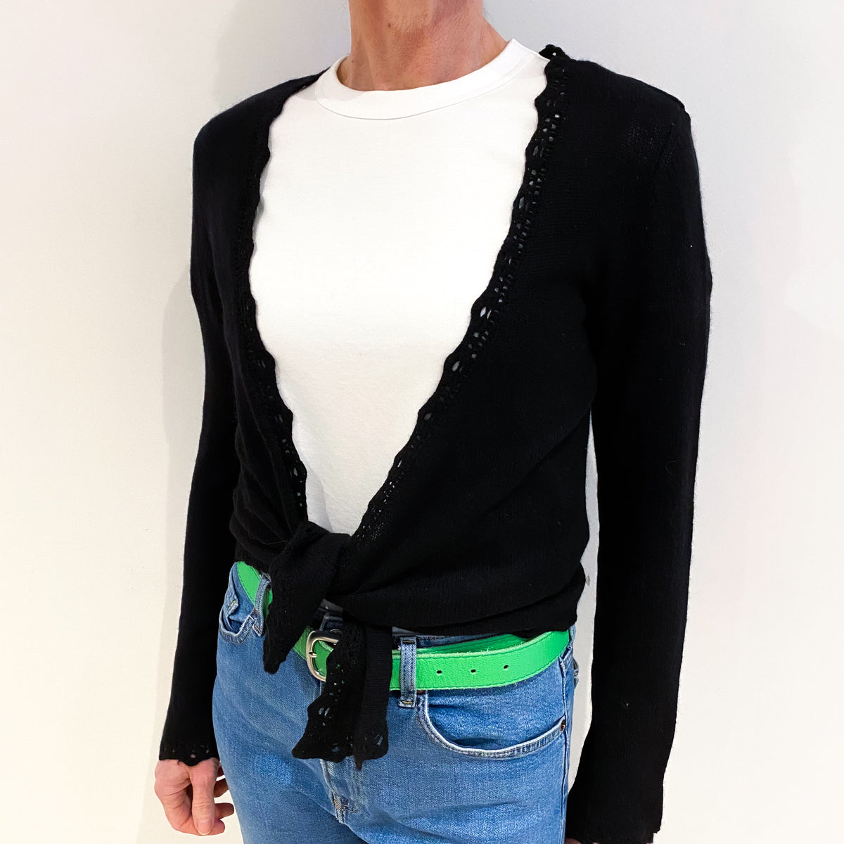 Black Cashmere Tie Front Cardigan Small