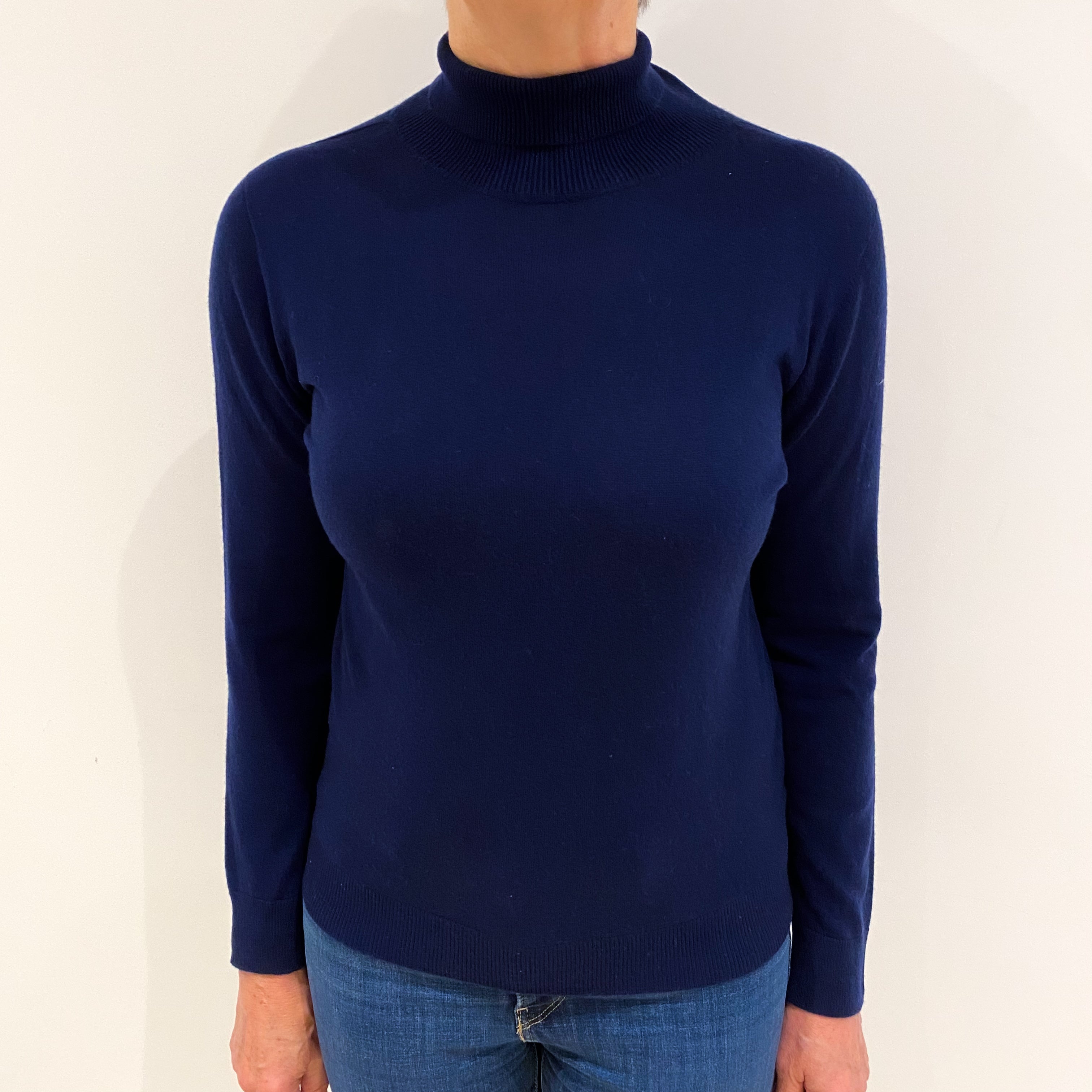 New Scottish Midnight Blue Cashmere Polo Neck Jumper Medium