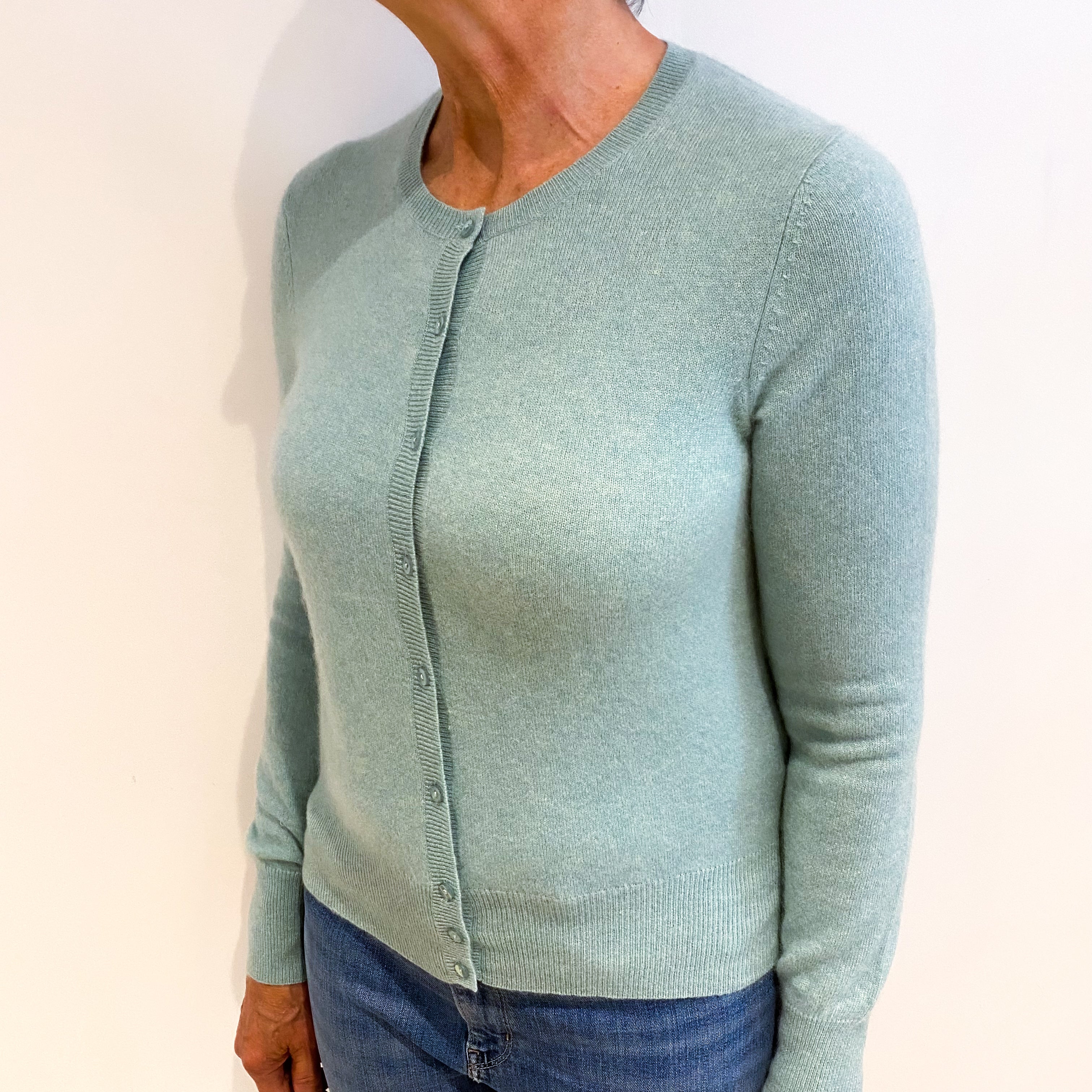 Pale Aqua Green Cashmere Crew Neck Cardigan Medium