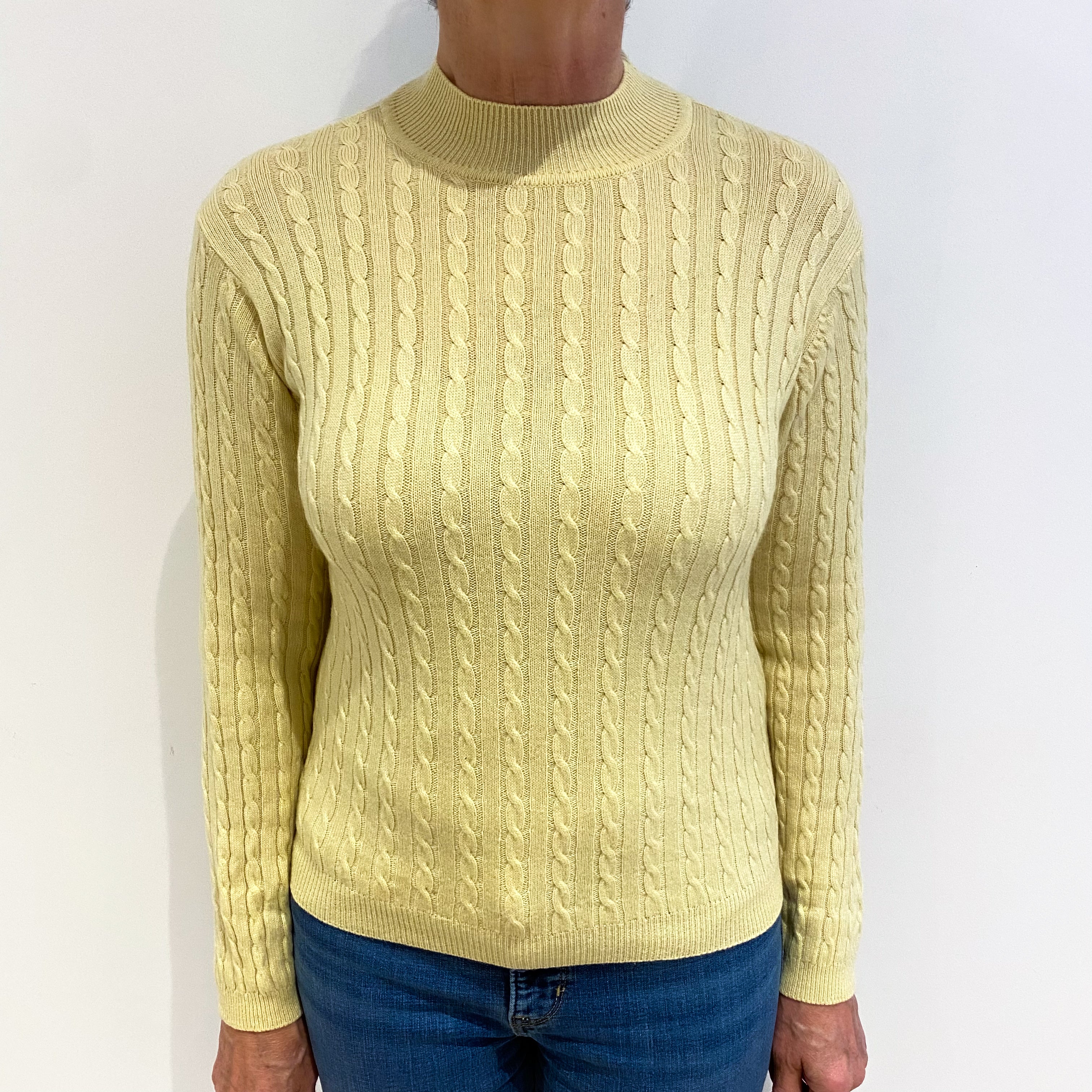 Primrose Yellow Cashmere Turtle Neck Cable Knit Jumper Medium