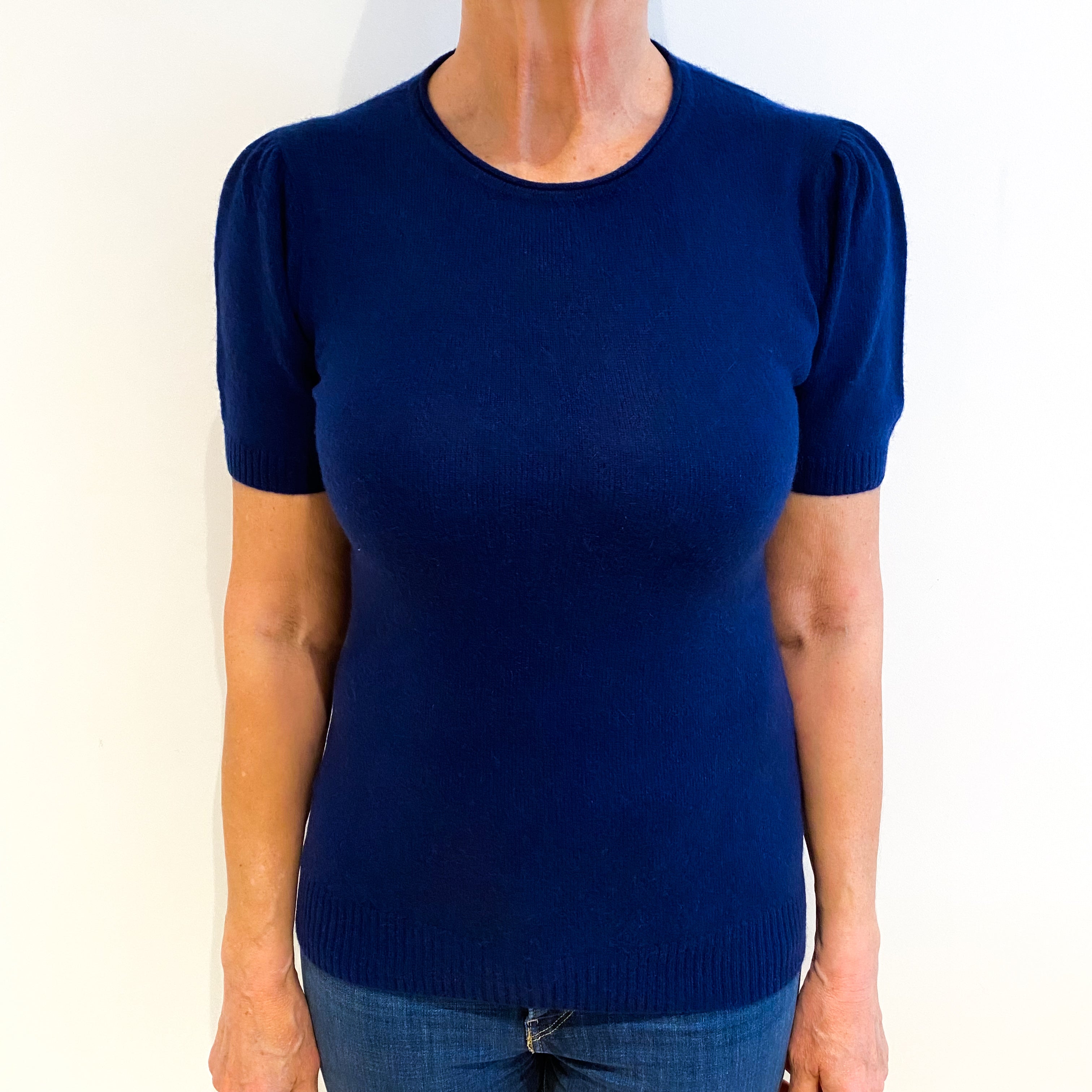French Navy Cashmere Crew Neck Short Sleeved Jumper Medium