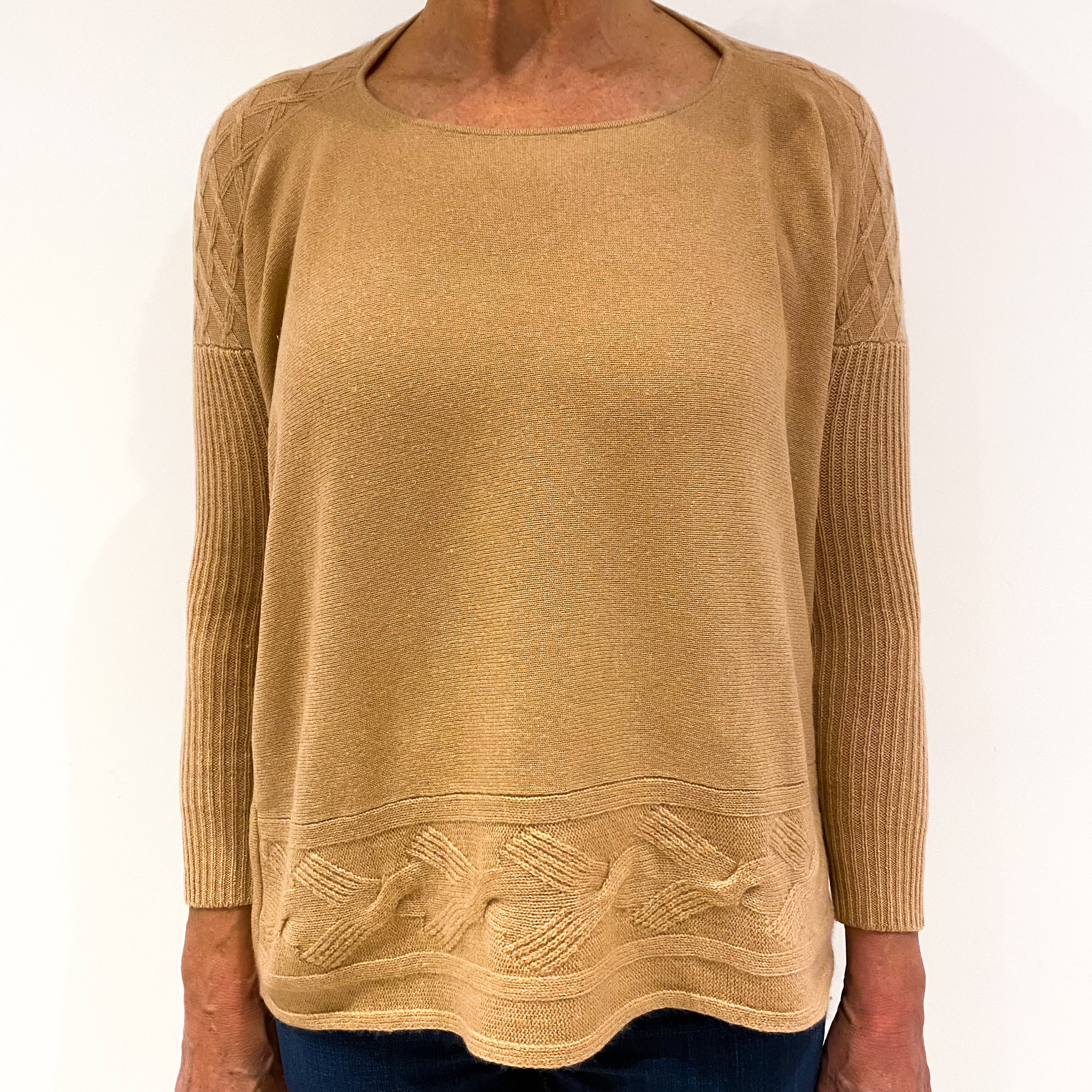 Camel Brown Knit Detail Cashmere Crew Neck Jumper Medium