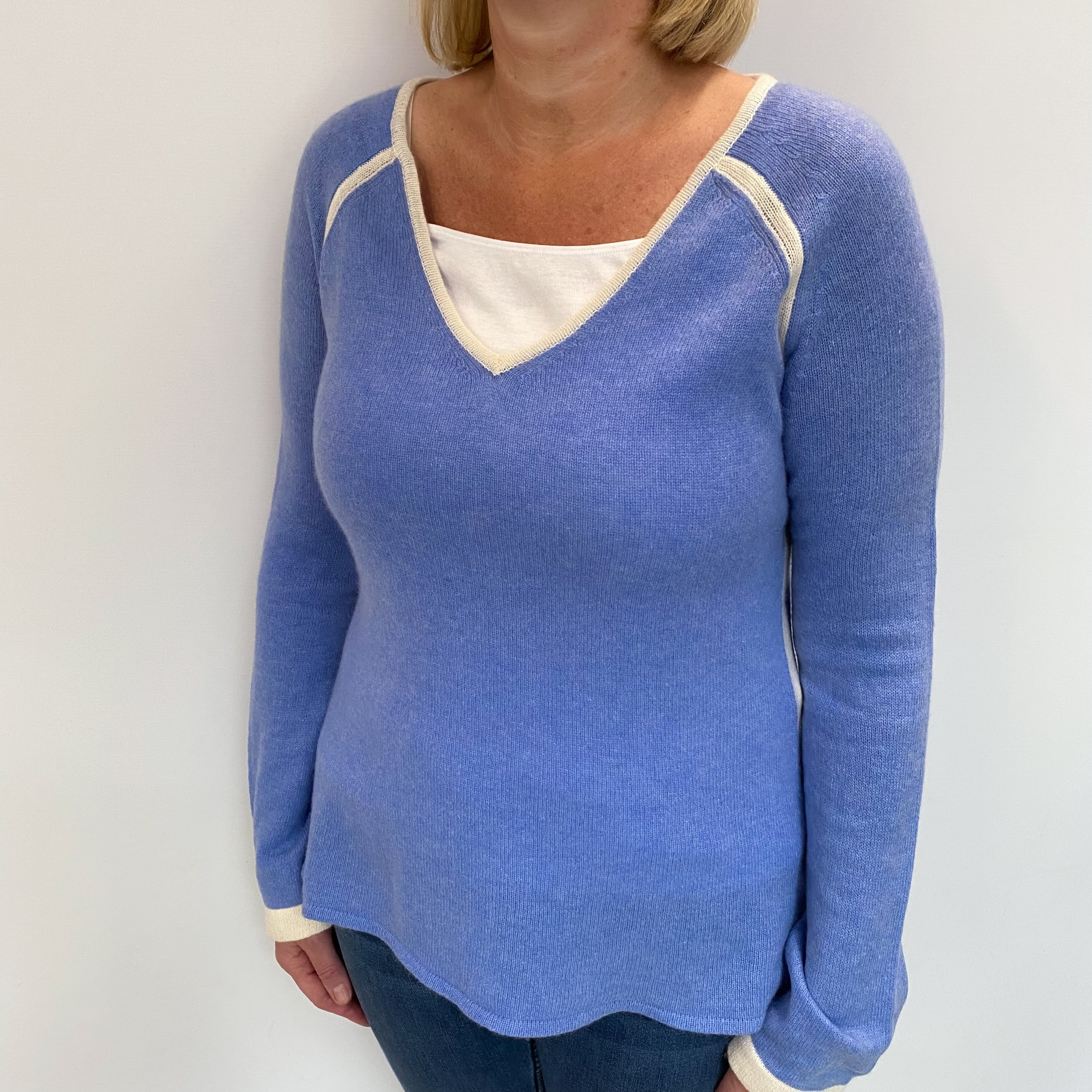 Cornflower Blue Cashmere V Neck Jumper Large