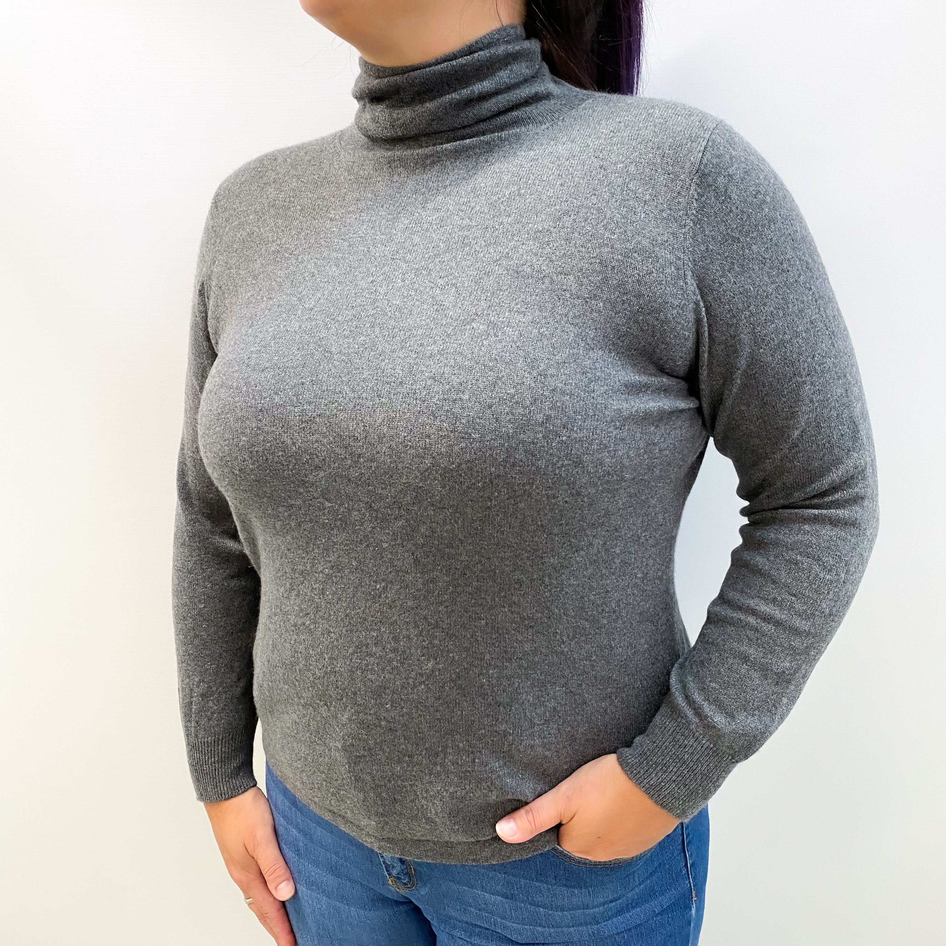 Slate Grey Cashmere Polo Neck Jumper Large