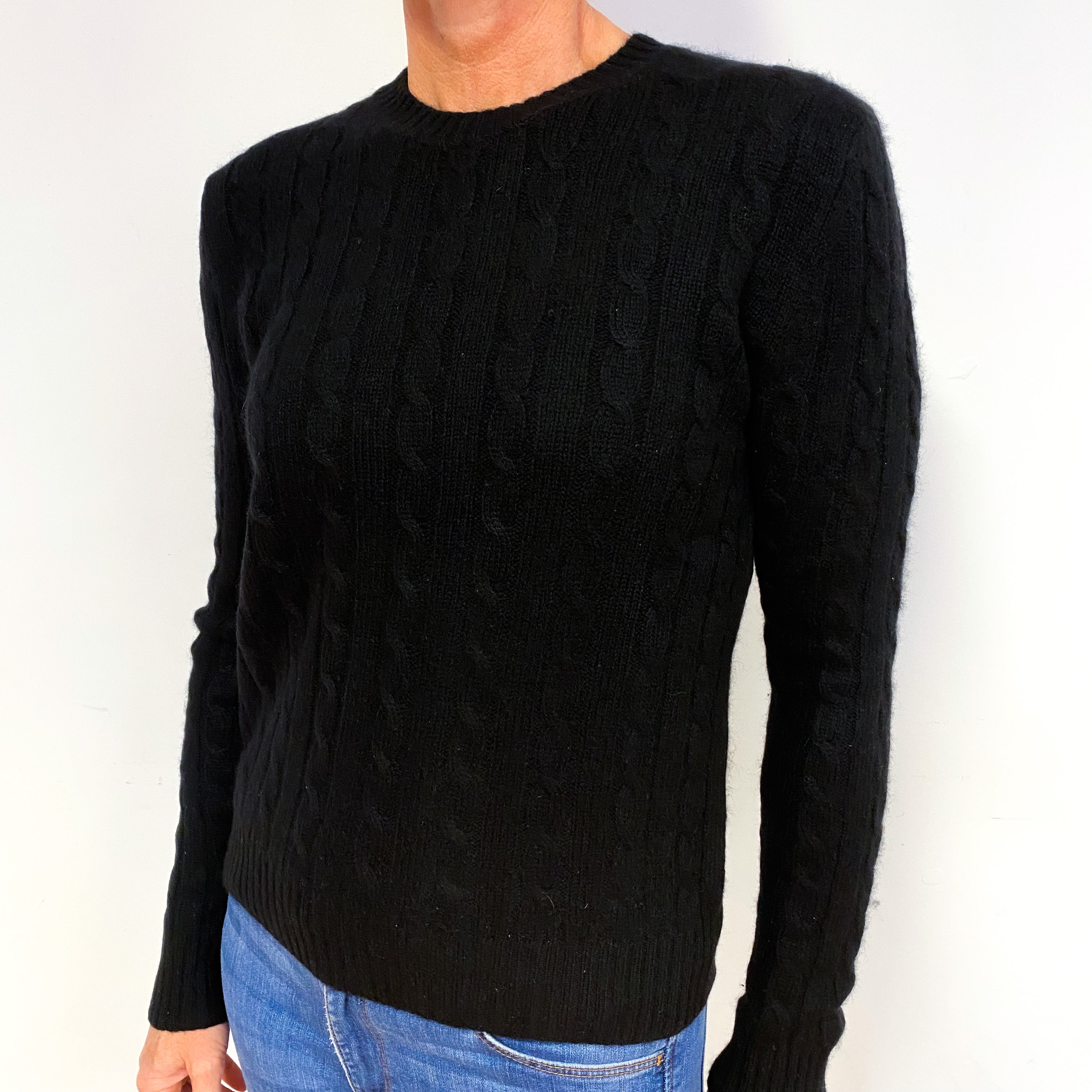 Black Cable Knit Cashmere Crew Neck Jumper Medium
