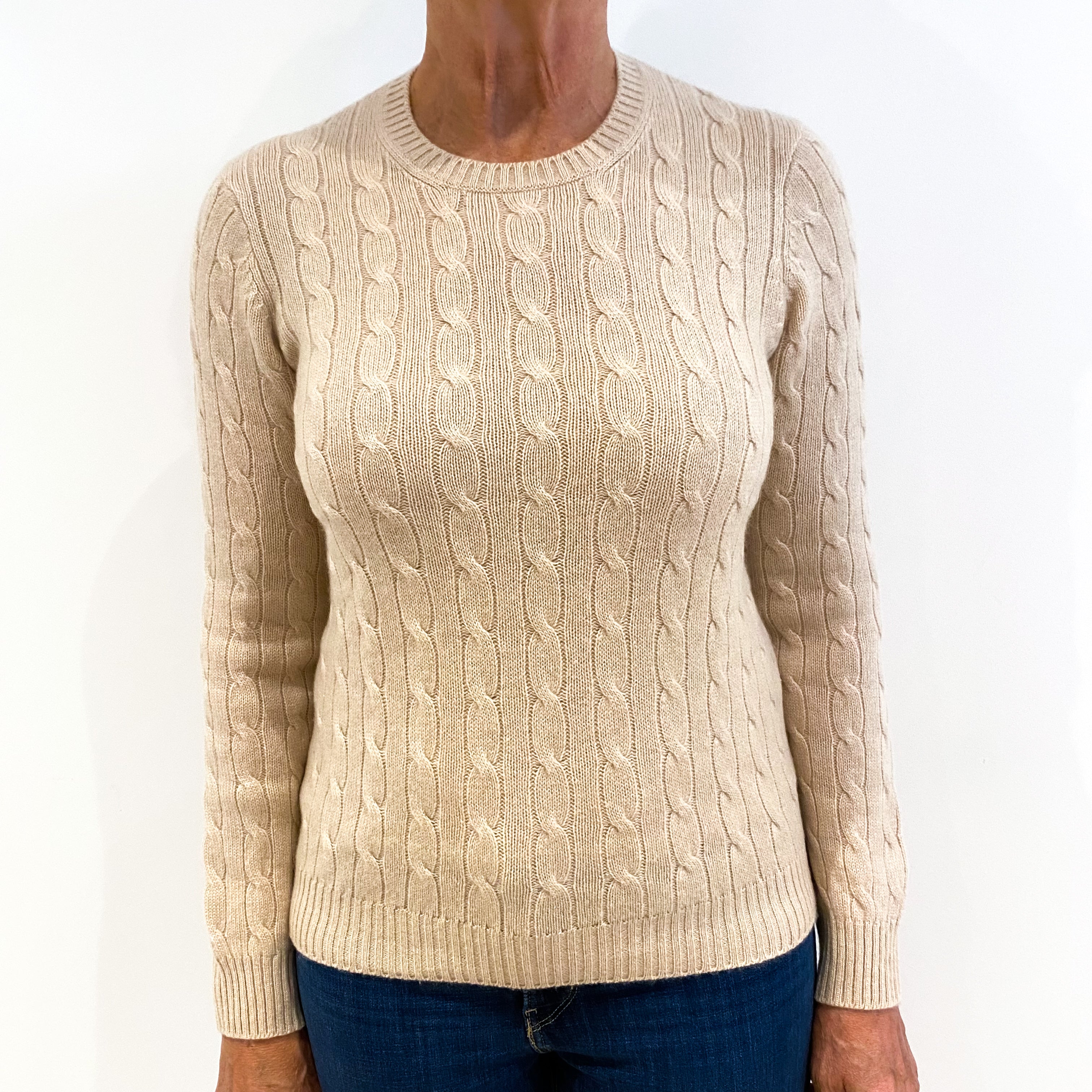 Italian Fudge Brown Cable Knit Cashmere Crew Neck Jumper Medium
