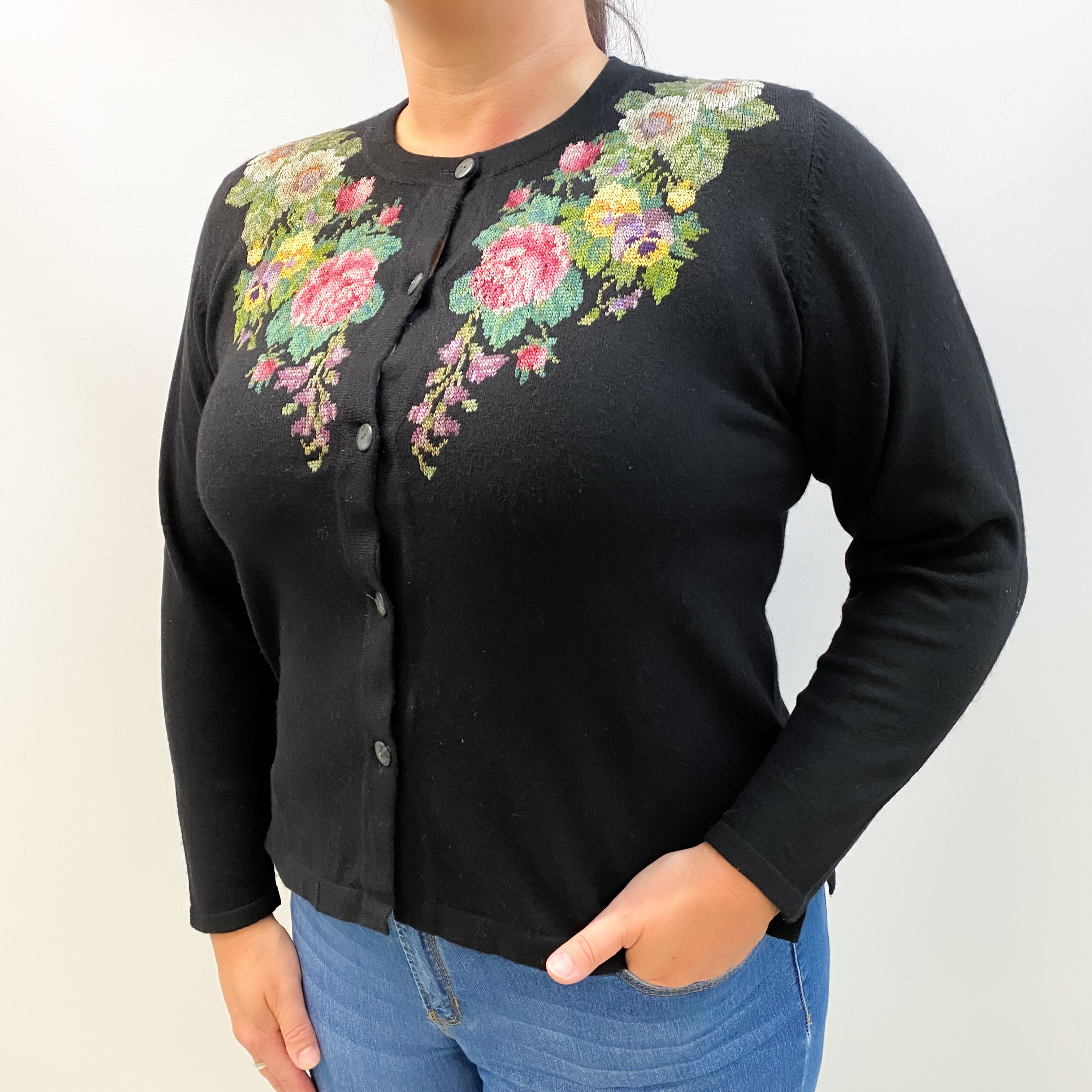 Black Cashmere Crew Neck Cardigan Large