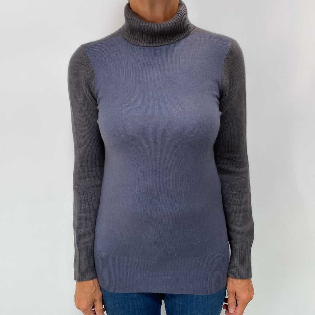 Airforce Blue and Grey Cashmere Polo Neck Jumper Medium