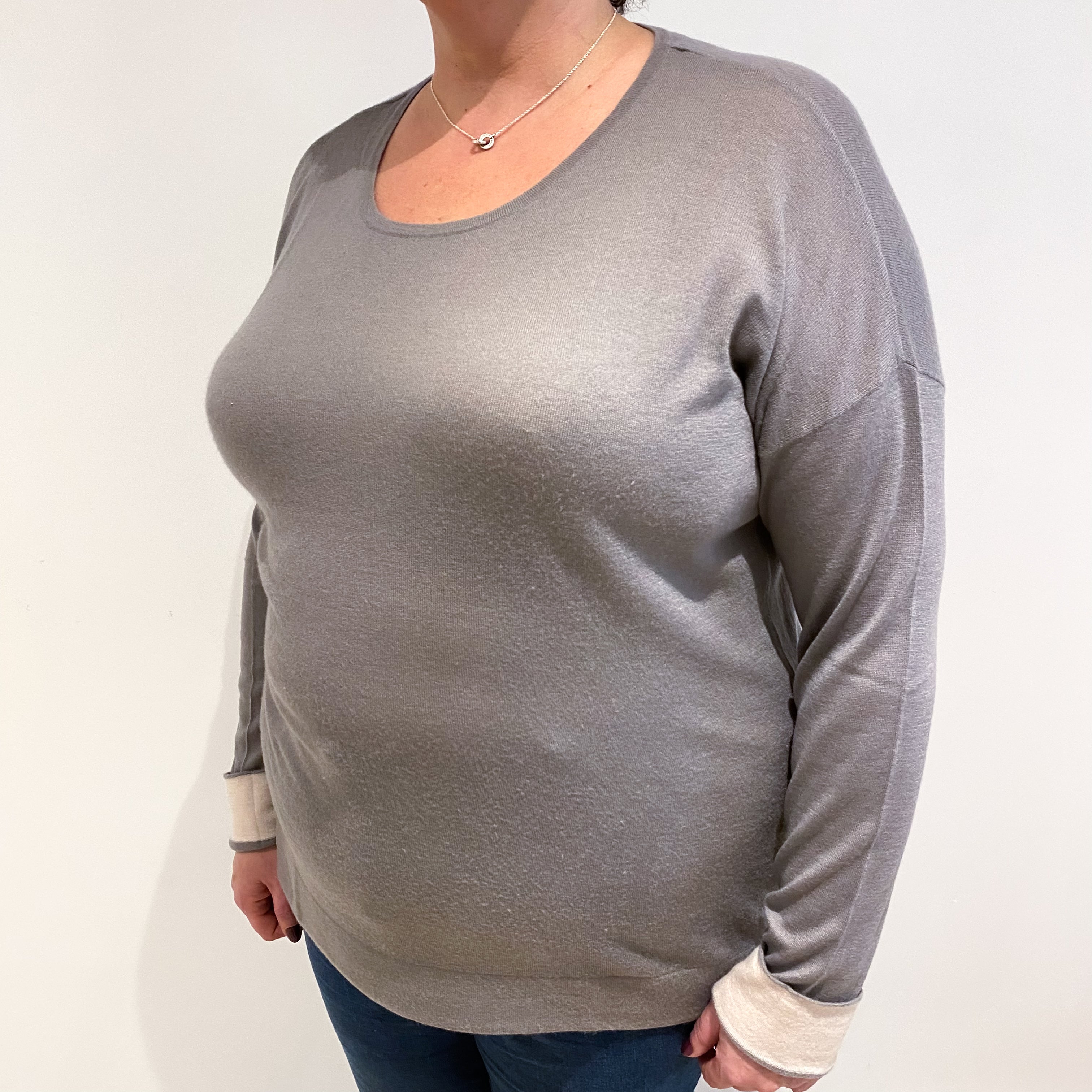 Lavender Grey Cashmere Wide Crew Neck Jumper Extra Large