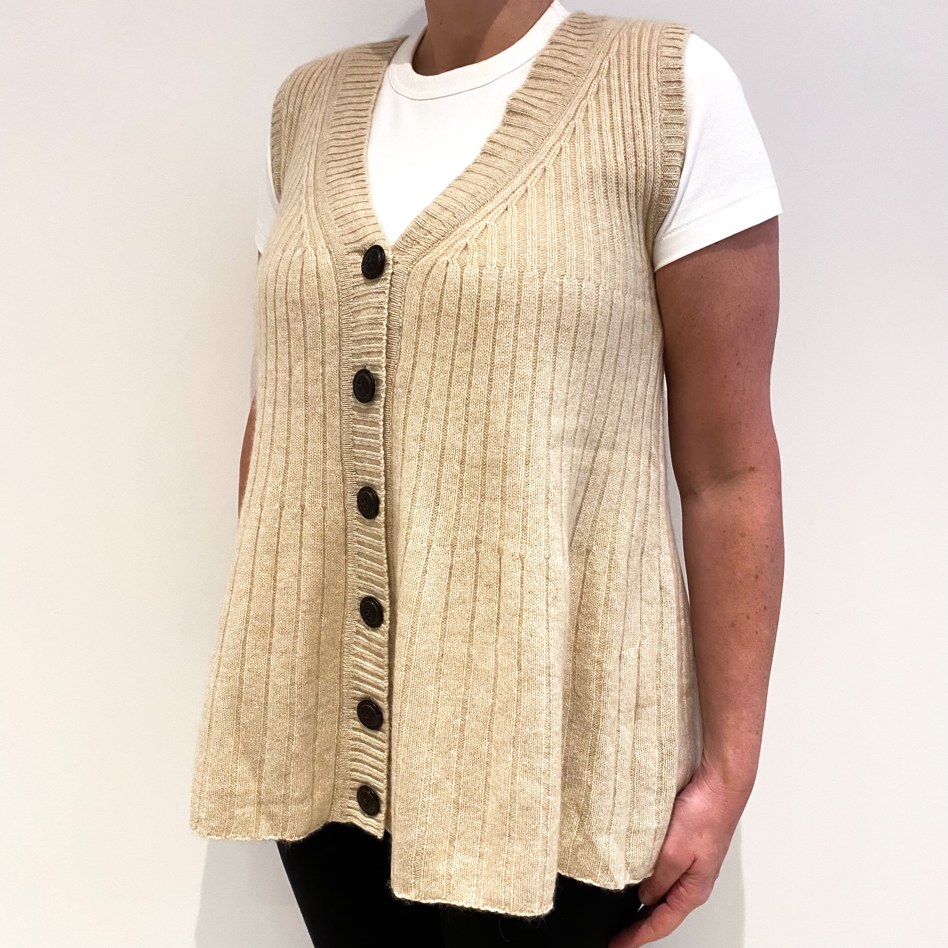 Fawn Beige Rib Cashmere V-Neck Waist Coat Large