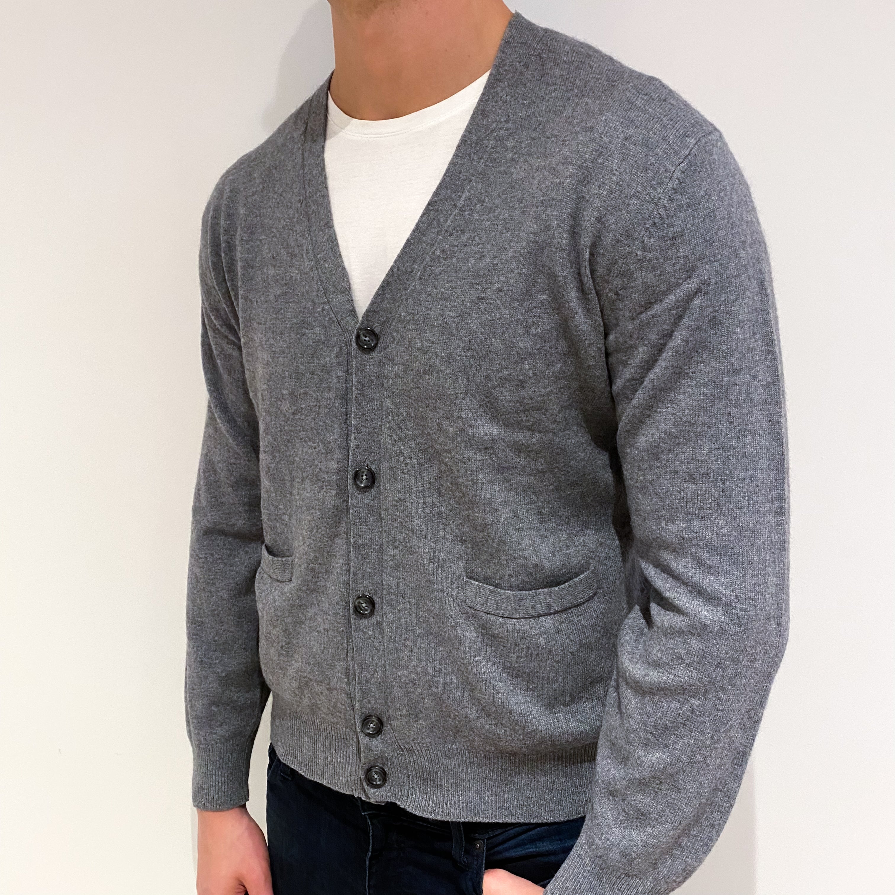 Men's Smoke Grey Cashmere V Neck Cardigan XL