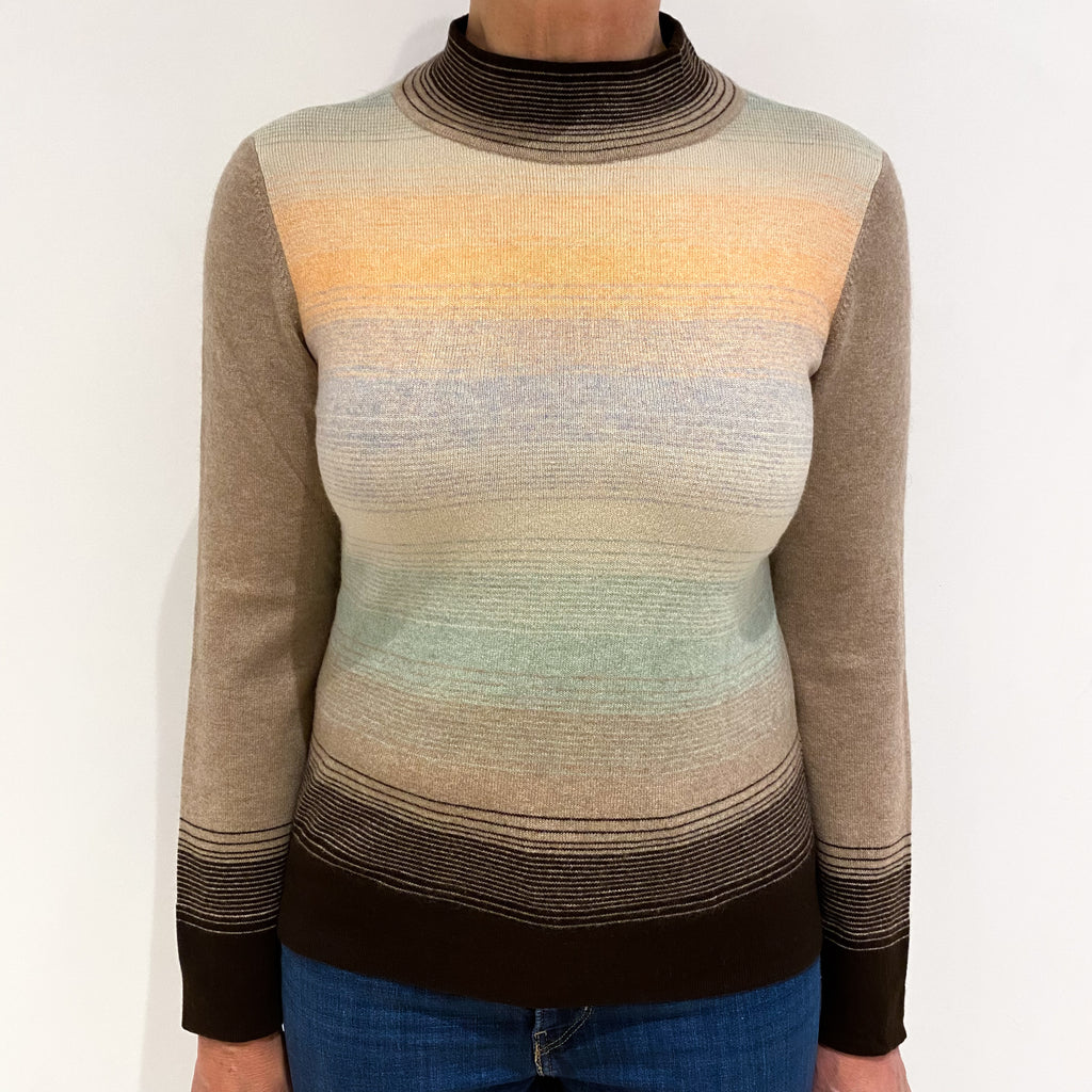 Toffee and Peppercorn Brown Striped Cashmere Turtle Neck Jumper Medium