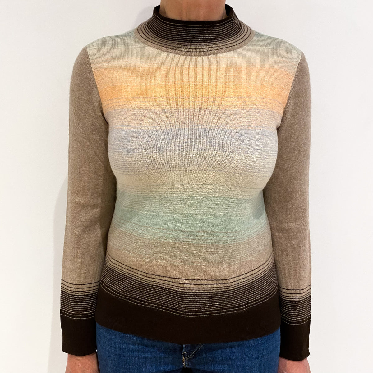 Toffee and Peppercorn Brown Striped Cashmere Turtle Neck Jumper Medium
