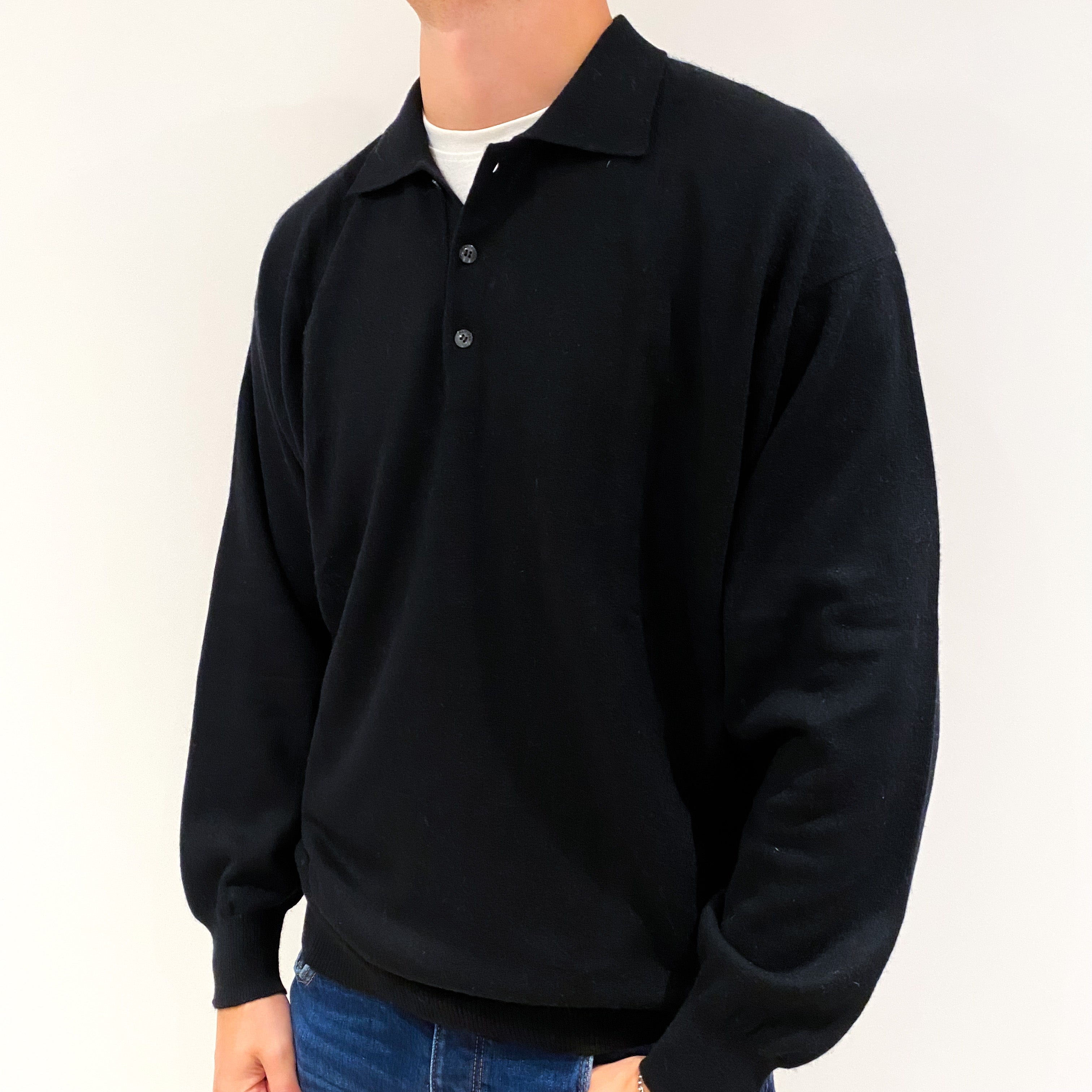Men's Black Cashmere Collared 1/4 Button Jumper Extra Extra Large