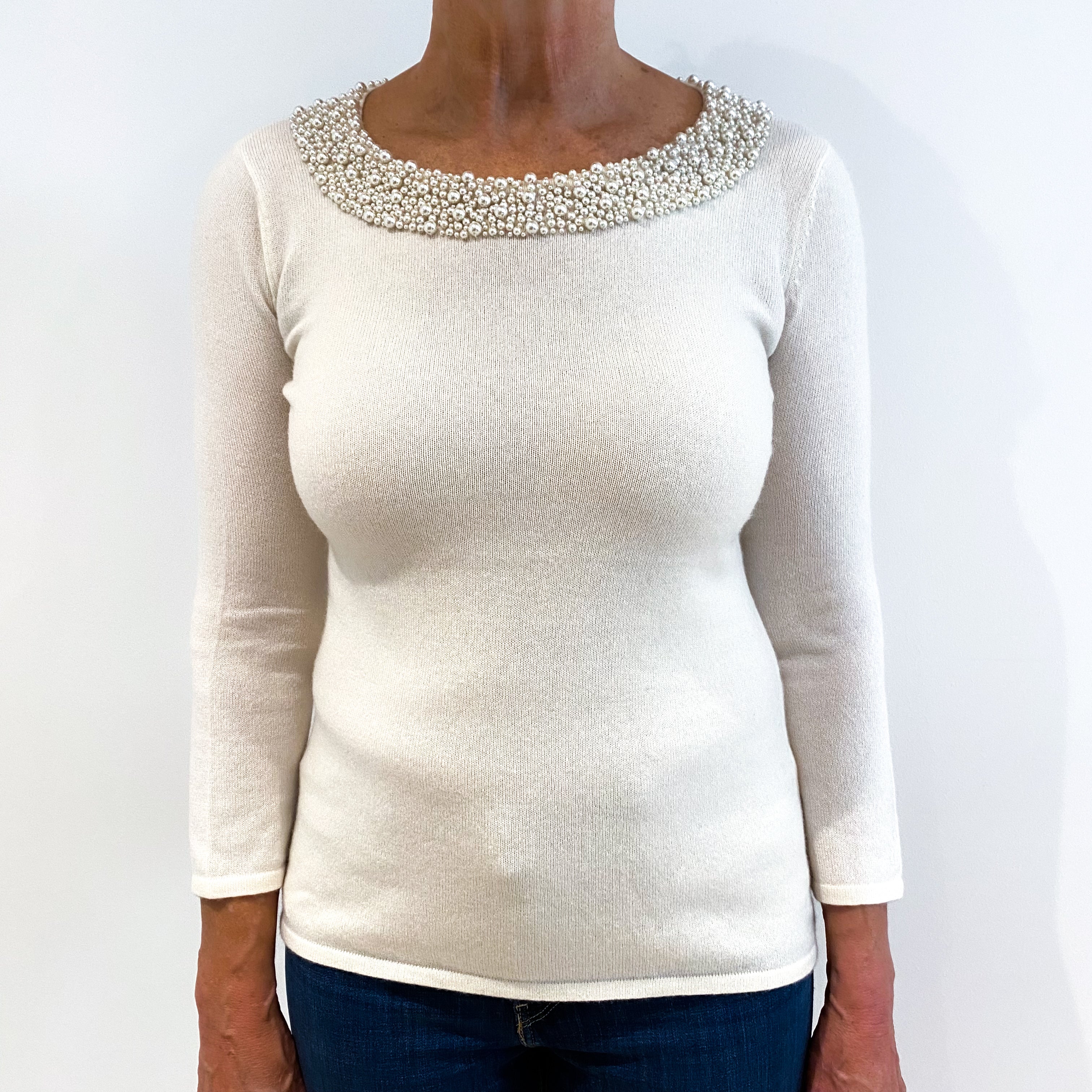 Cream Pearl Embellished Neckline Cashmere Crew  Neck Jumper Medium