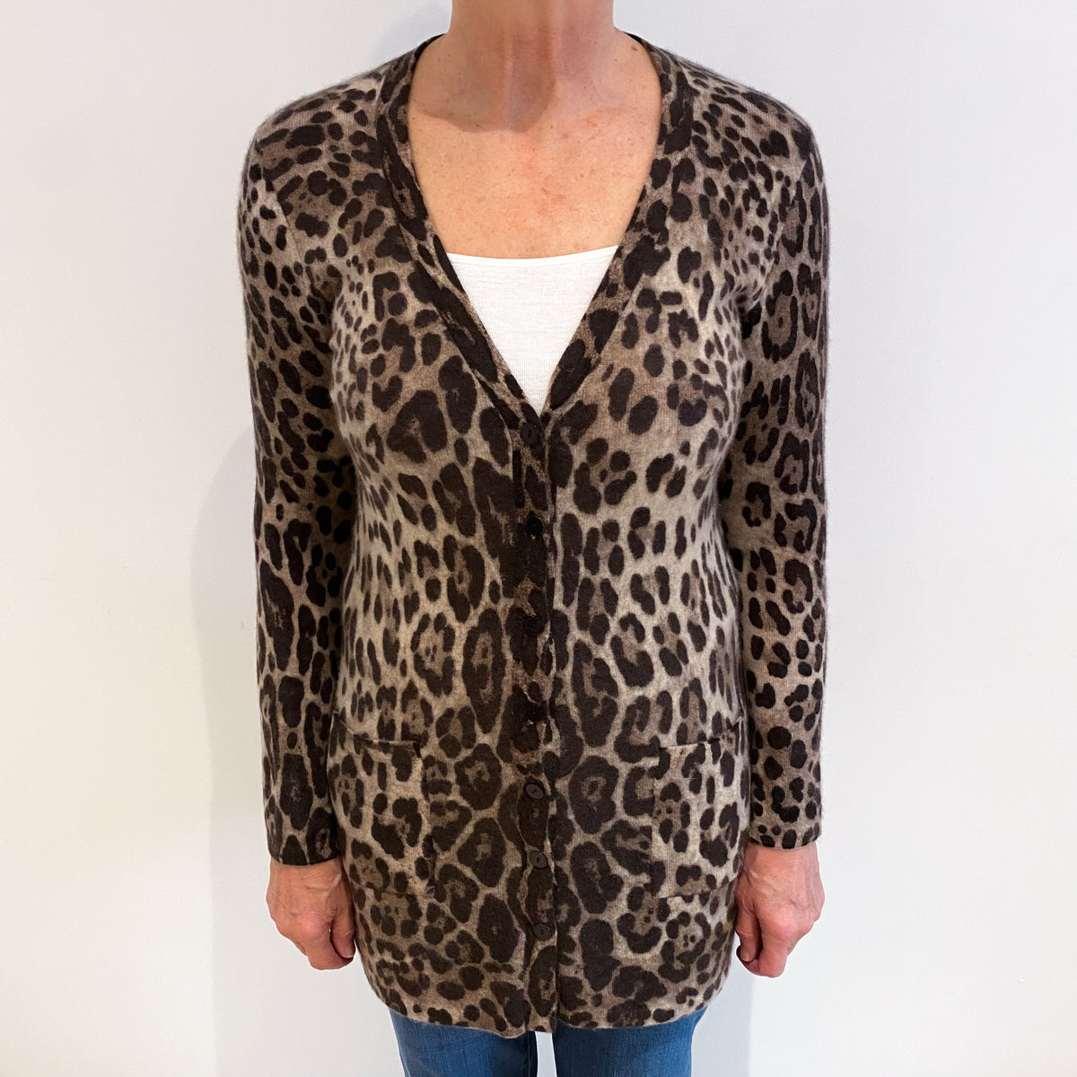 Brown Leopard Cashmere Longline V Neck Cardigan with Pockets Medium