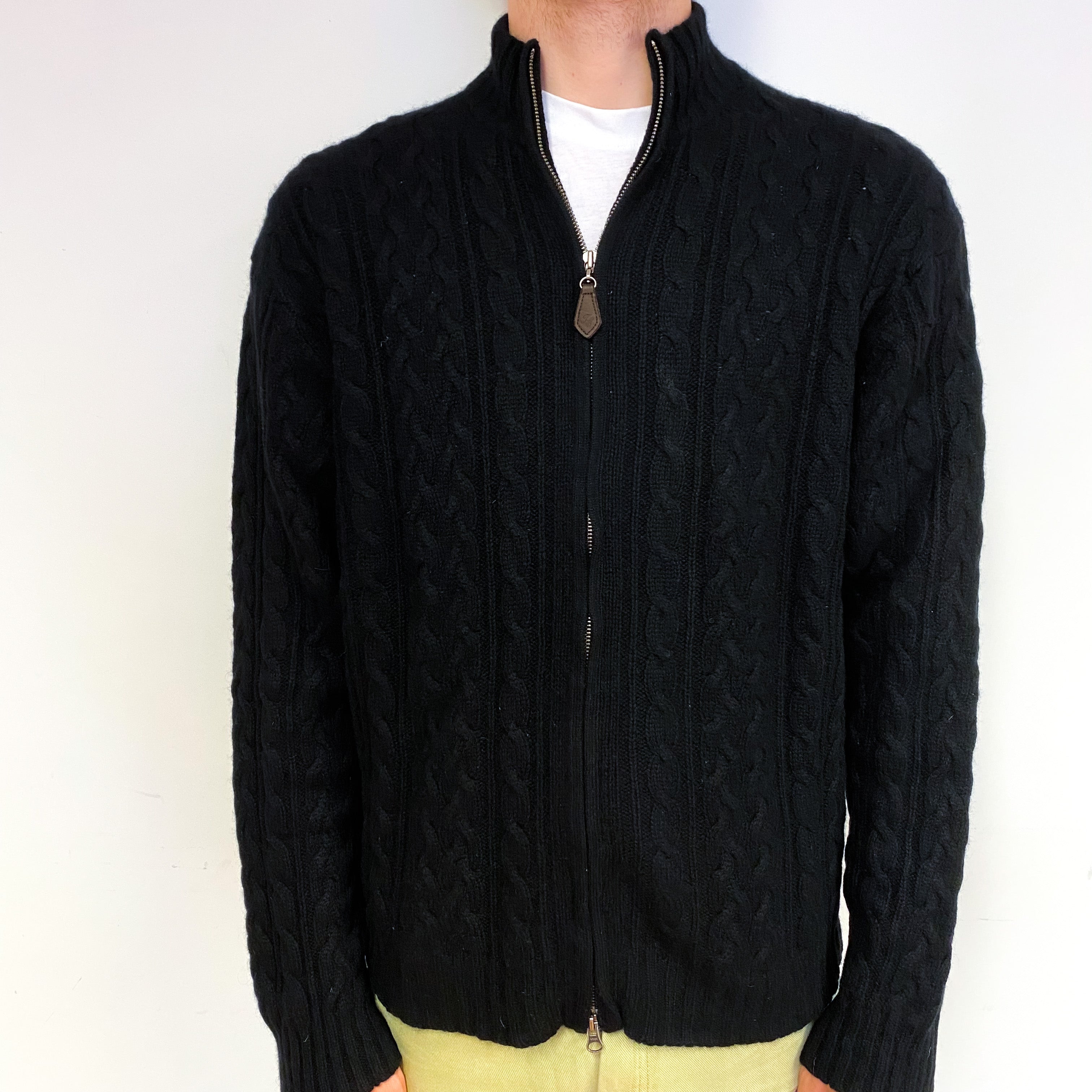 Men's Black Chunky Cable Cashmere Zip Up Cardigan Large