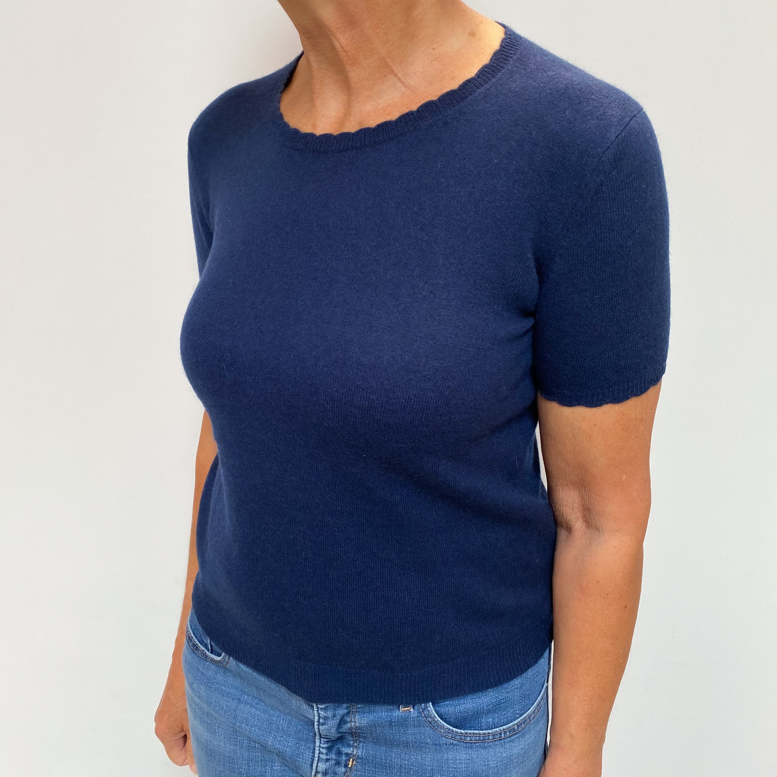French Navy Cashmere Crew Neck Short Sleeved Jumper Medium