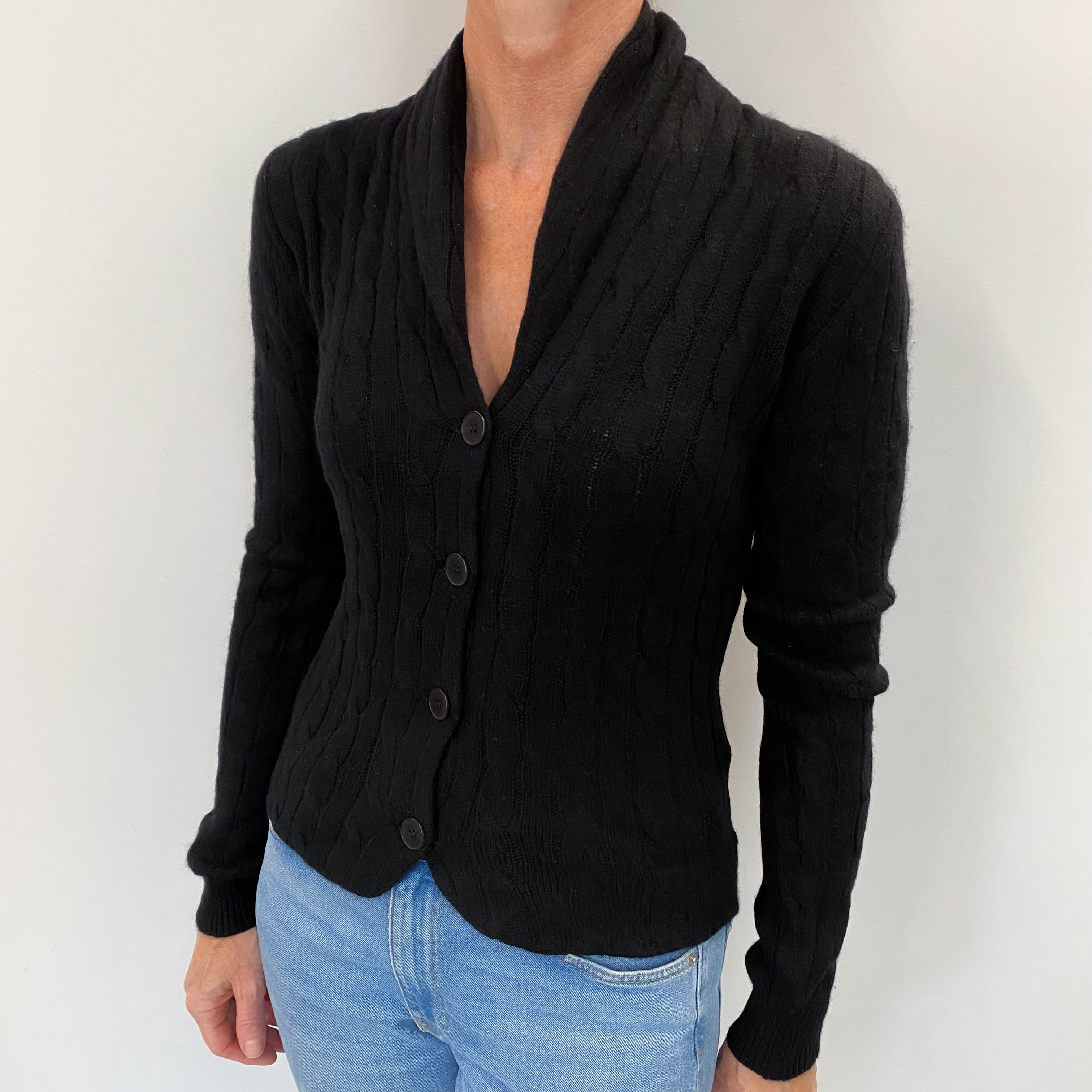 Black Cable Cashmere Shawl Collar Cardigan Small