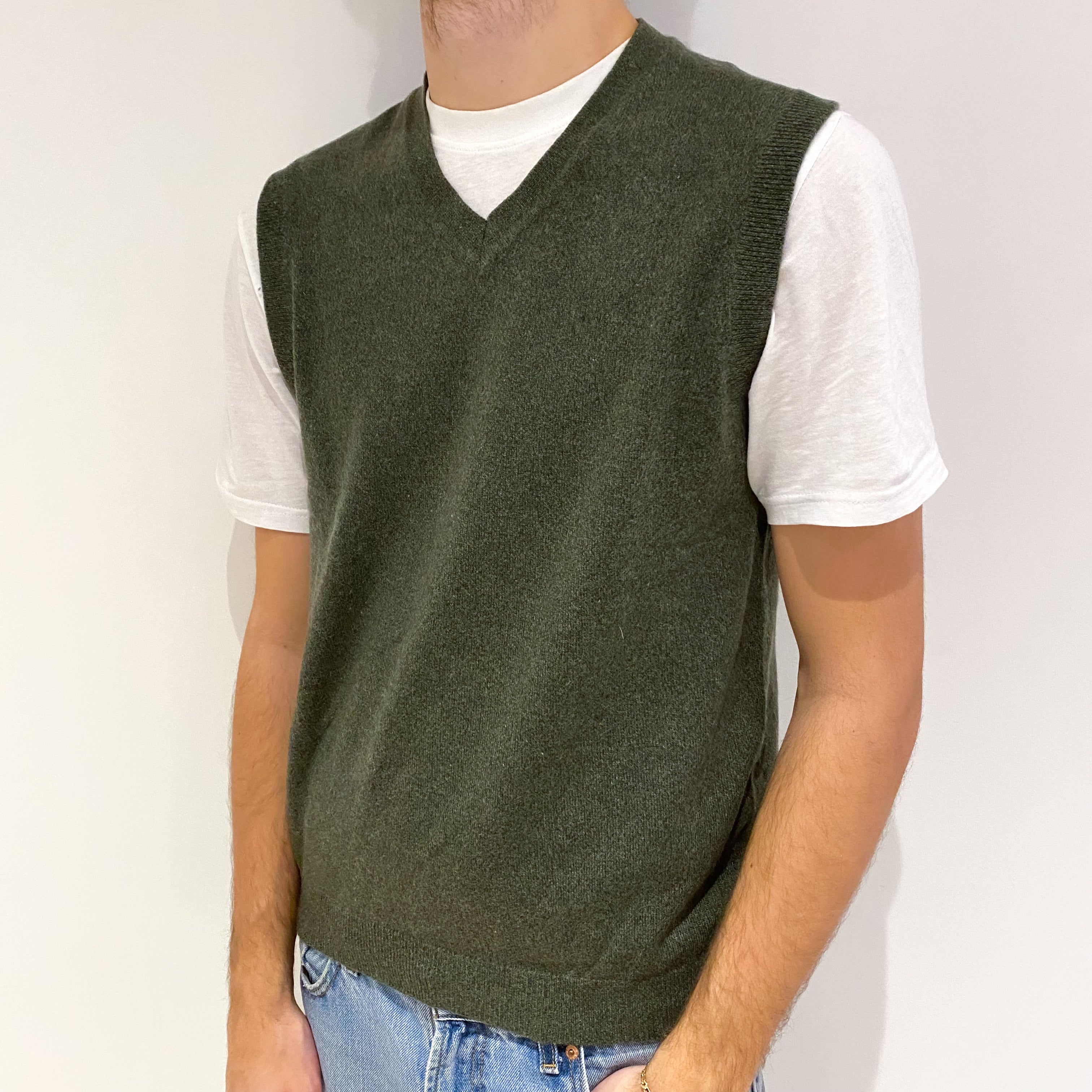 Men's Deep Khaki Green Cashmere V Neck Vest Jumper Medium