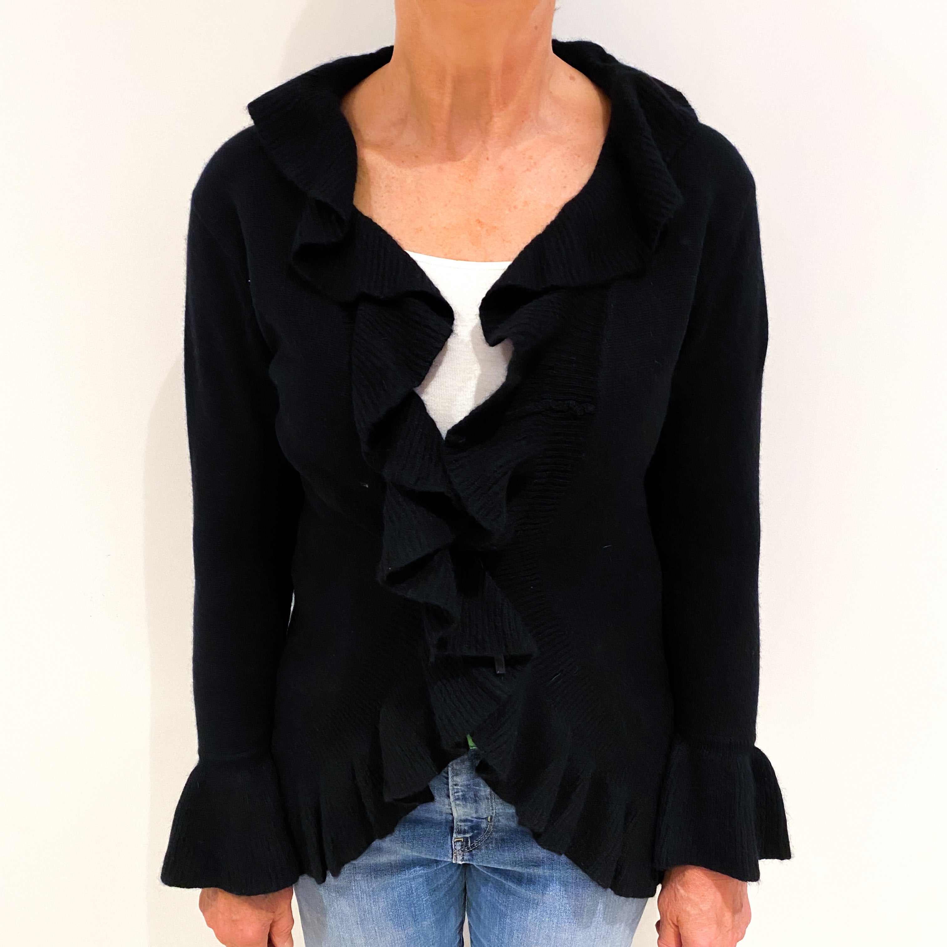 Black Cashmere Ruffle Edged Cardigan Medium