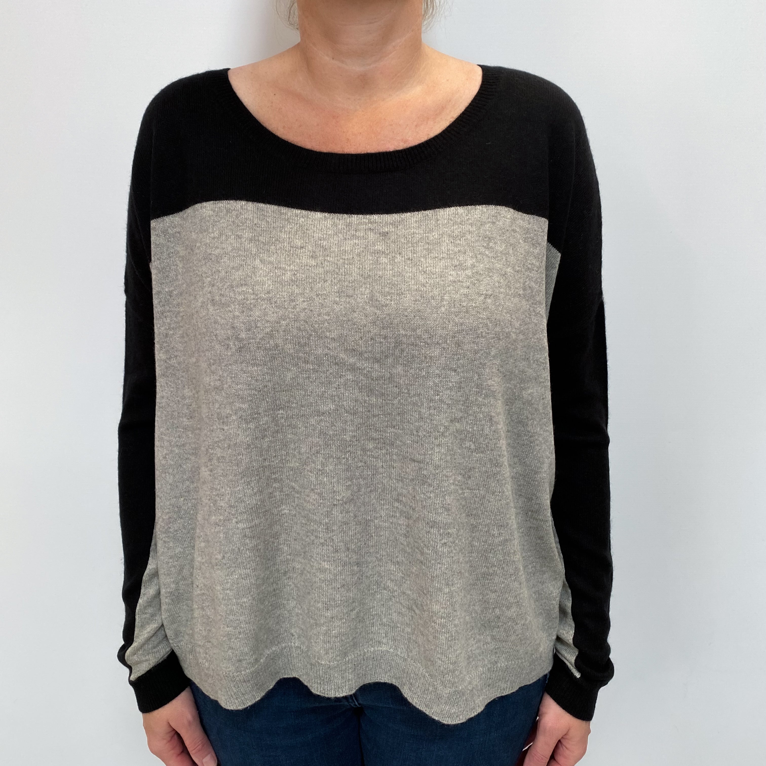 Grey and Black Cashmere Slouchy Scoop Neck Jumper Large