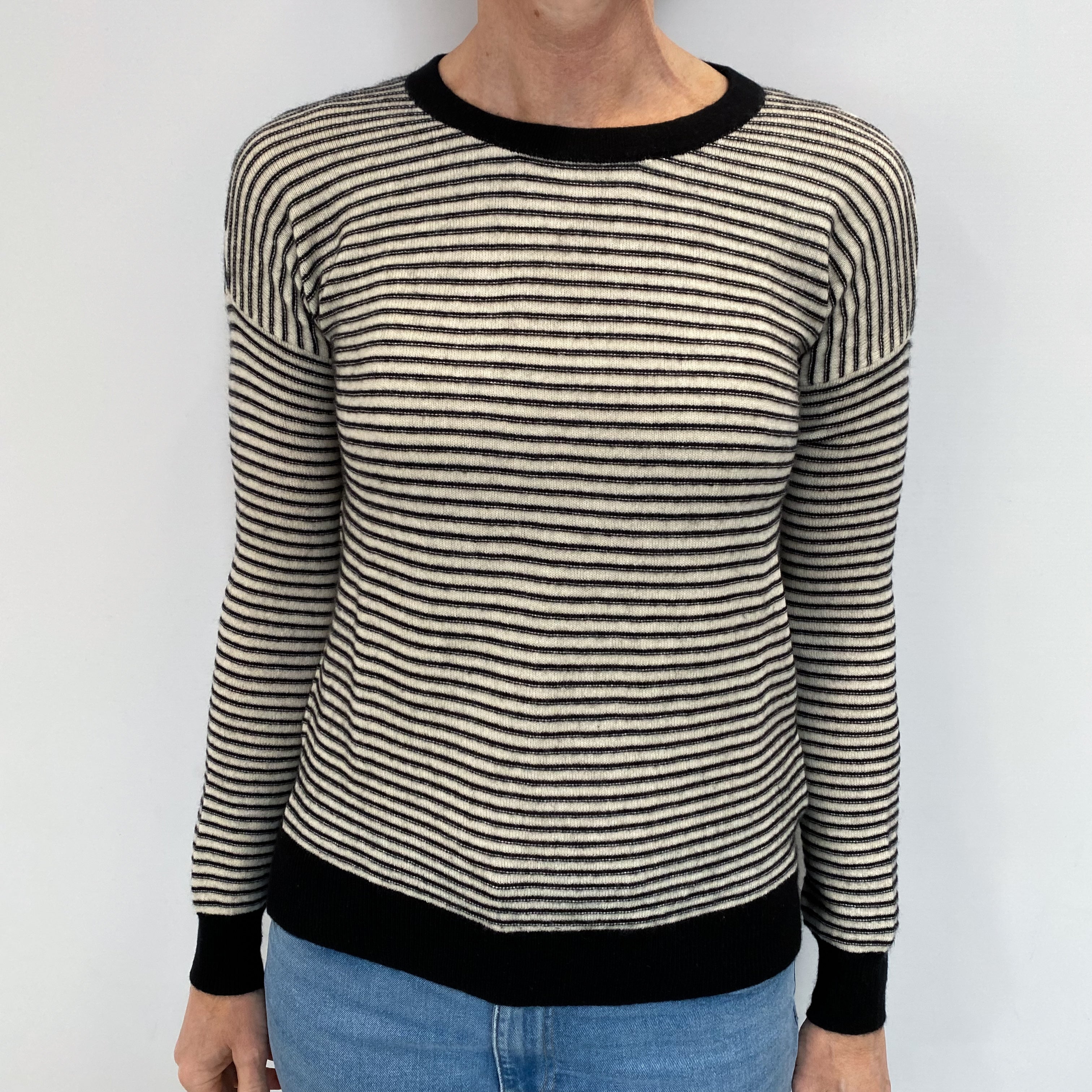 Black And Cream Striped Cashmere Crew Neck Jumper Small