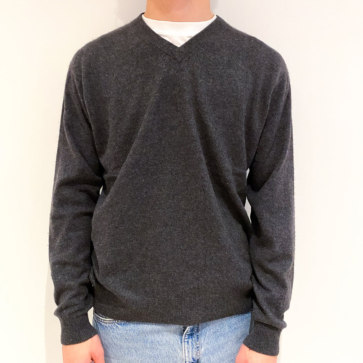 Men's Slate Grey Cashmere V-Neck Jumper Large