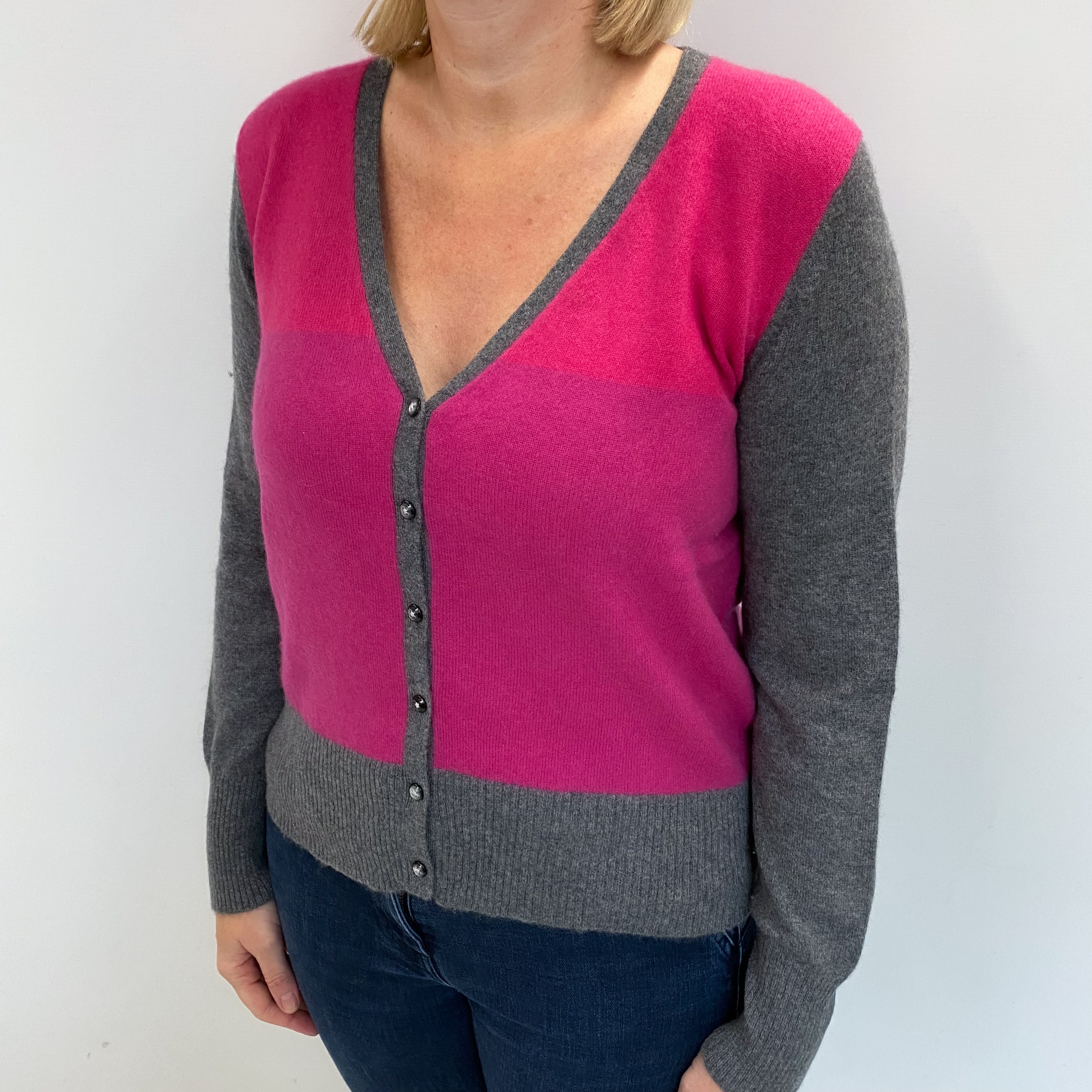 Ash Grey And Pink Colour Block Cashmere V Neck Cardigan Large