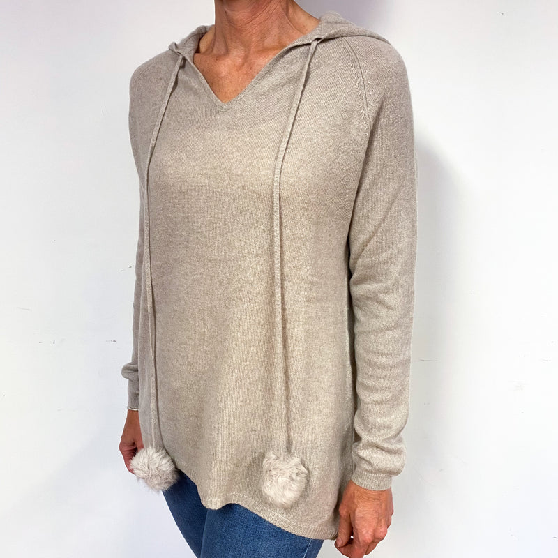 Fawn Beige Cashmere Pom Pom Hoodie Jumper Medium
