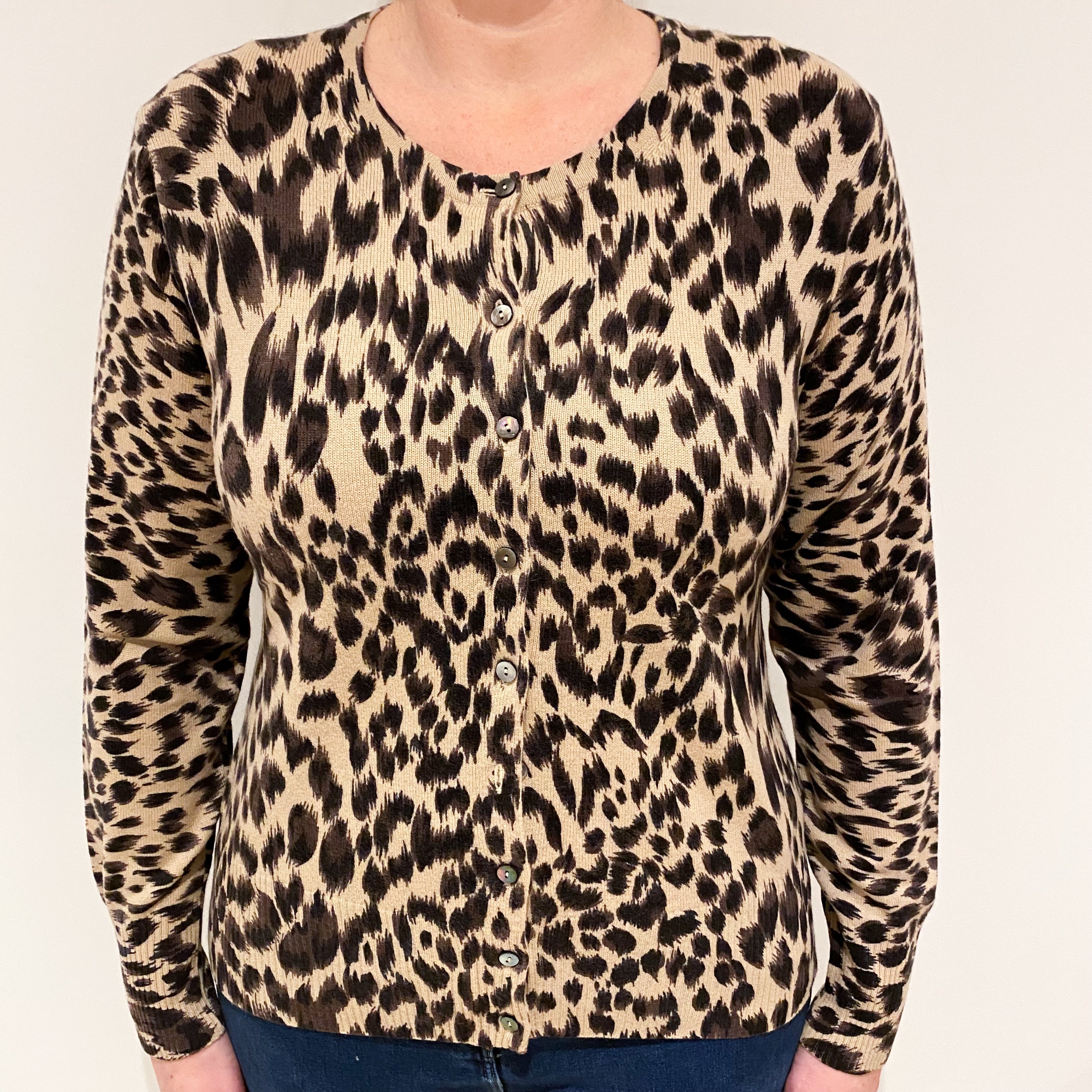 Animal Print Crew Neck Cashmere Cardigan Large