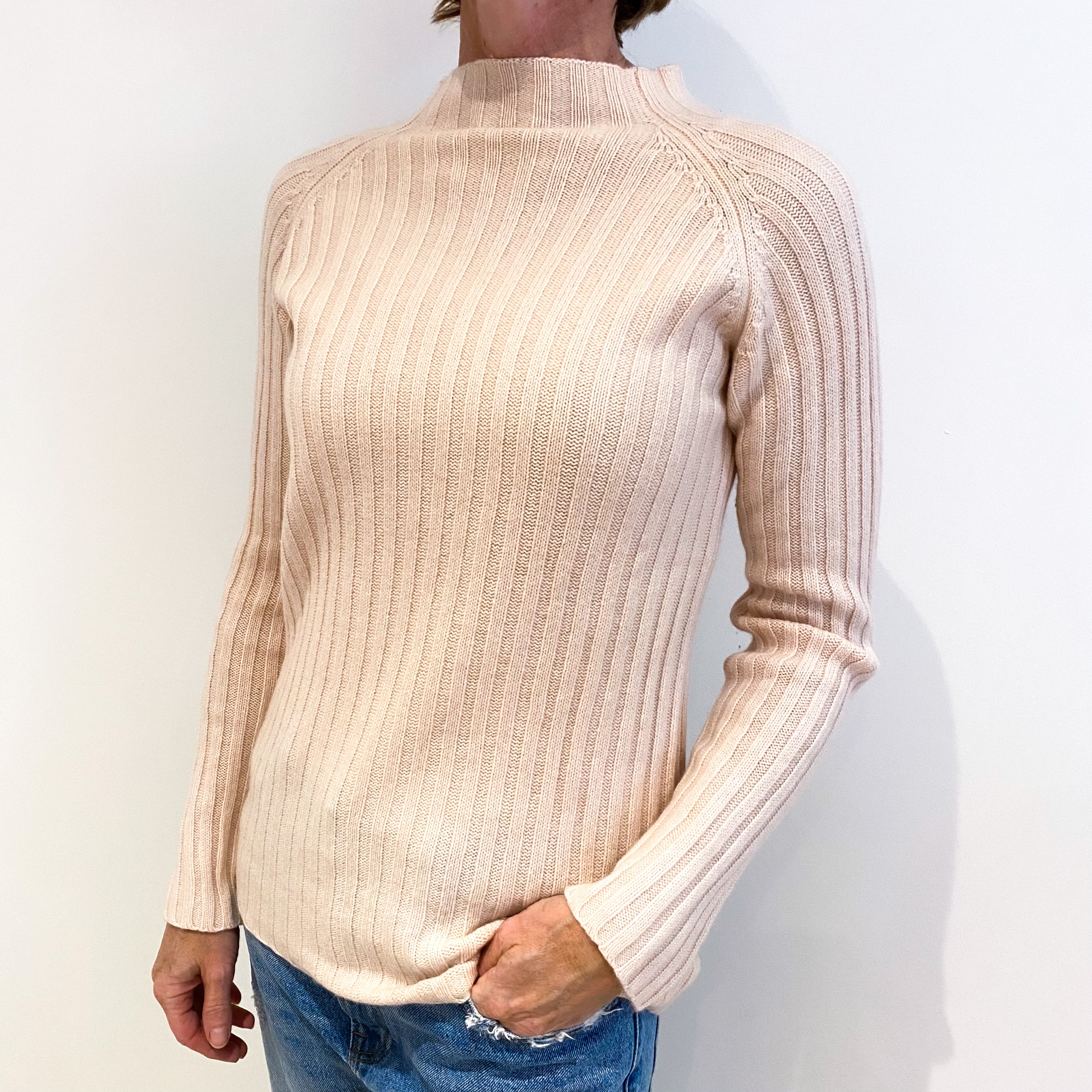 Oyster Pink Rib Cashmere Turtle Neck Jumper Small