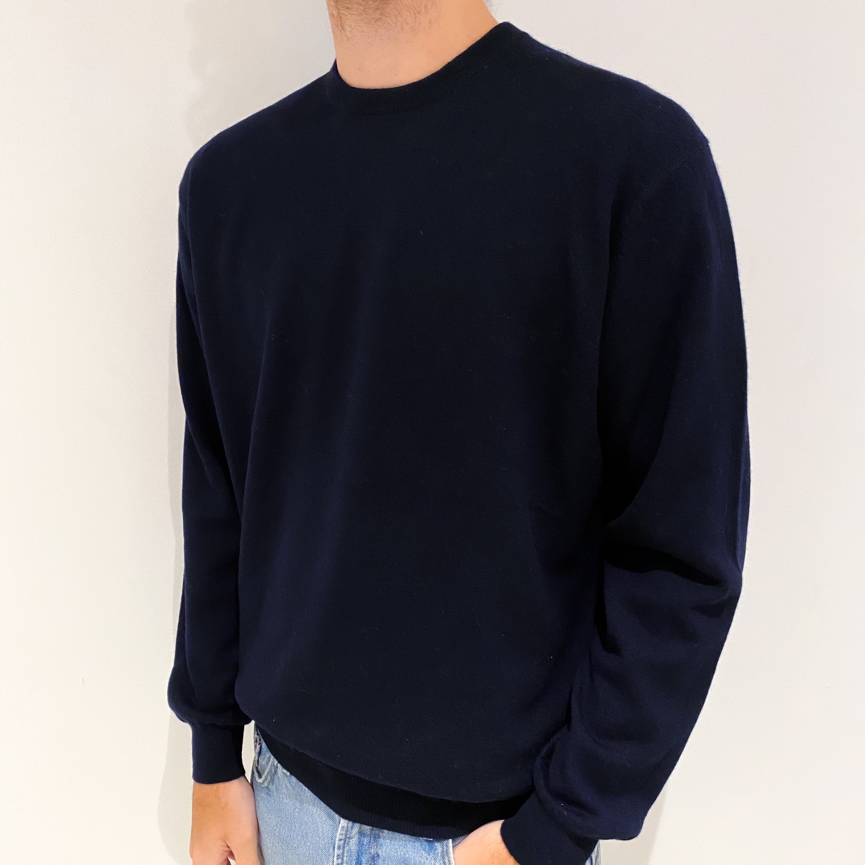 Men's Navy Blue Cashmere Crew Neck Jumper Large