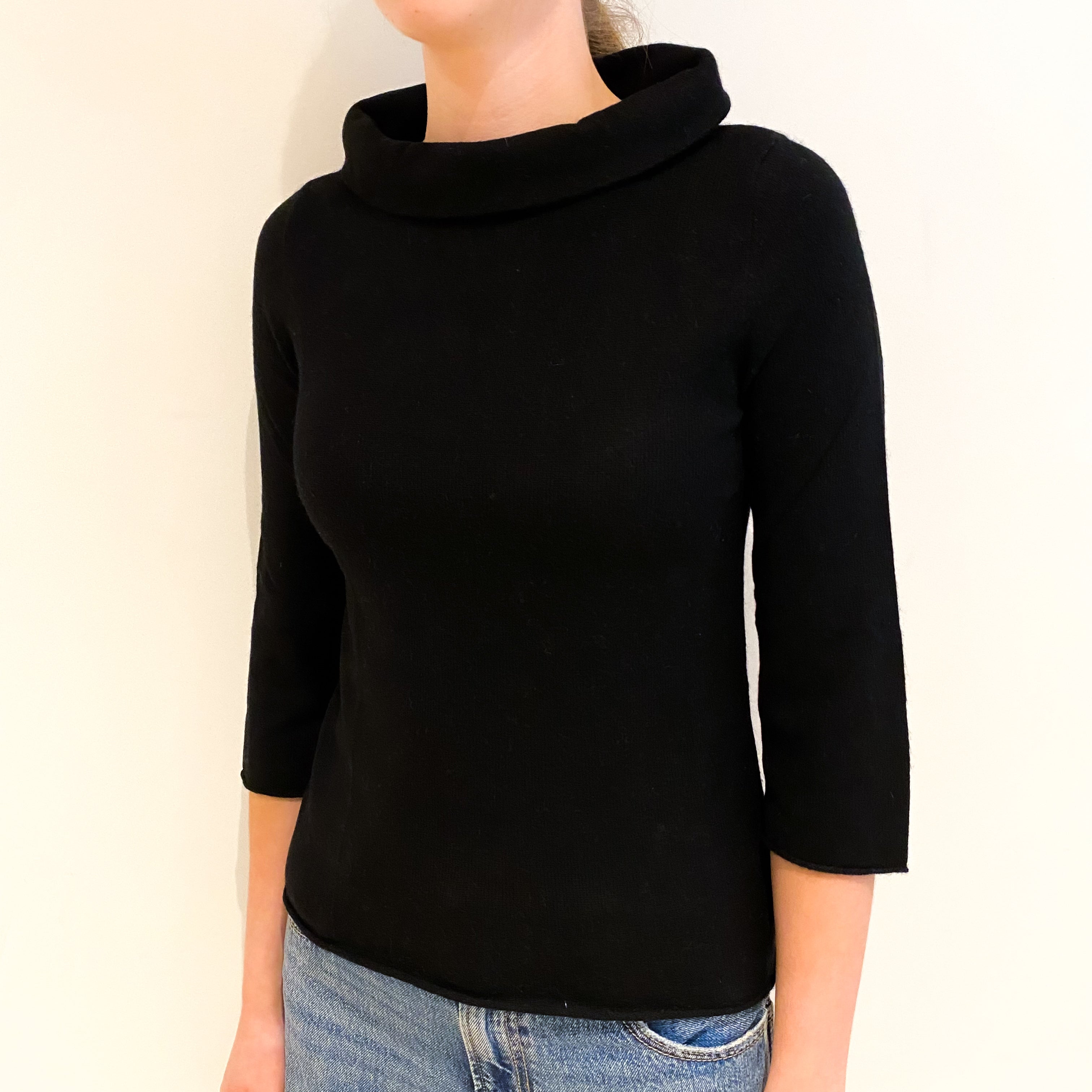 Black Cashmere 3/4 Sleeve Funnel Neck Neck Jumper Extra Small