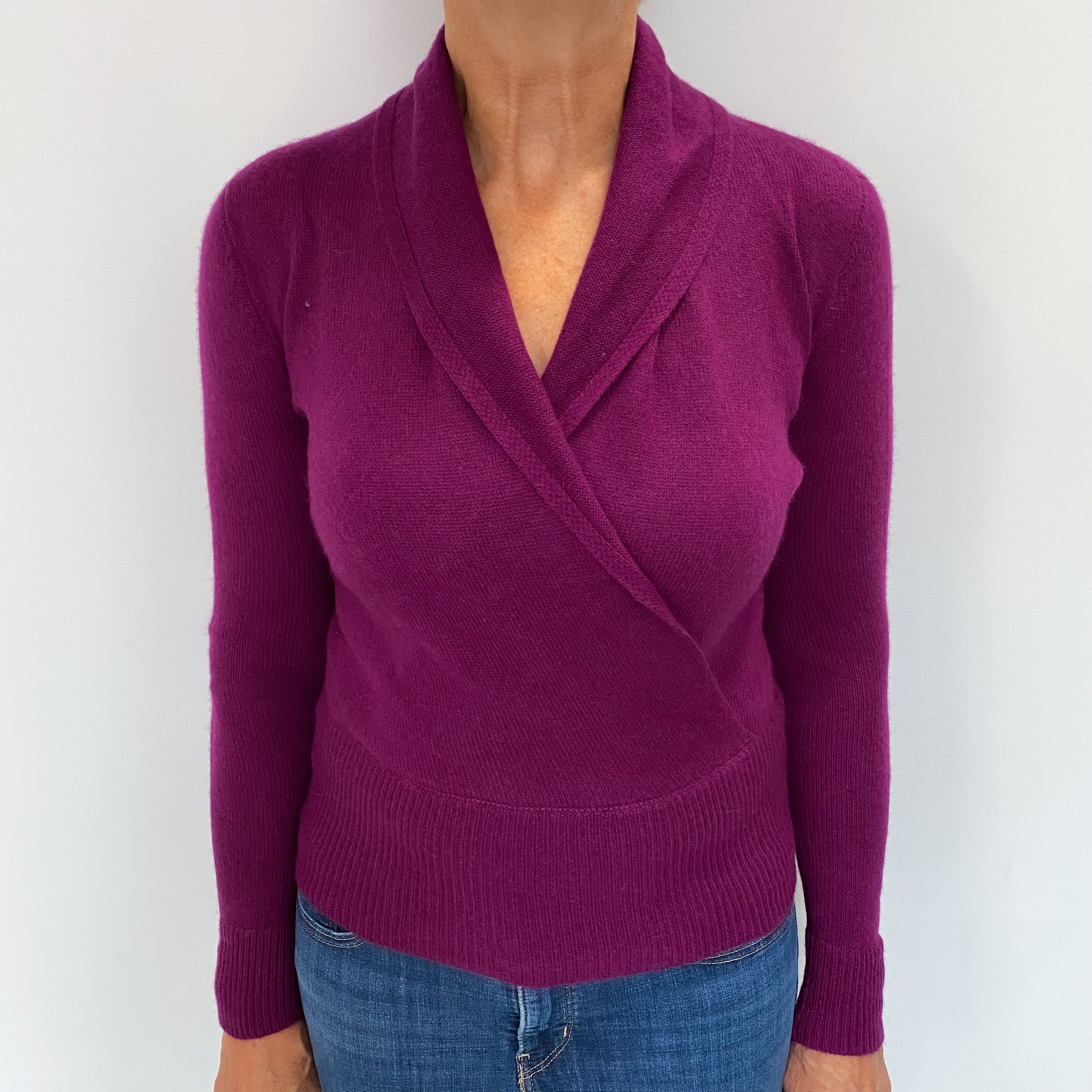 Deep Magenta Purple Cashmere Cross Over V Neck Jumper Medium