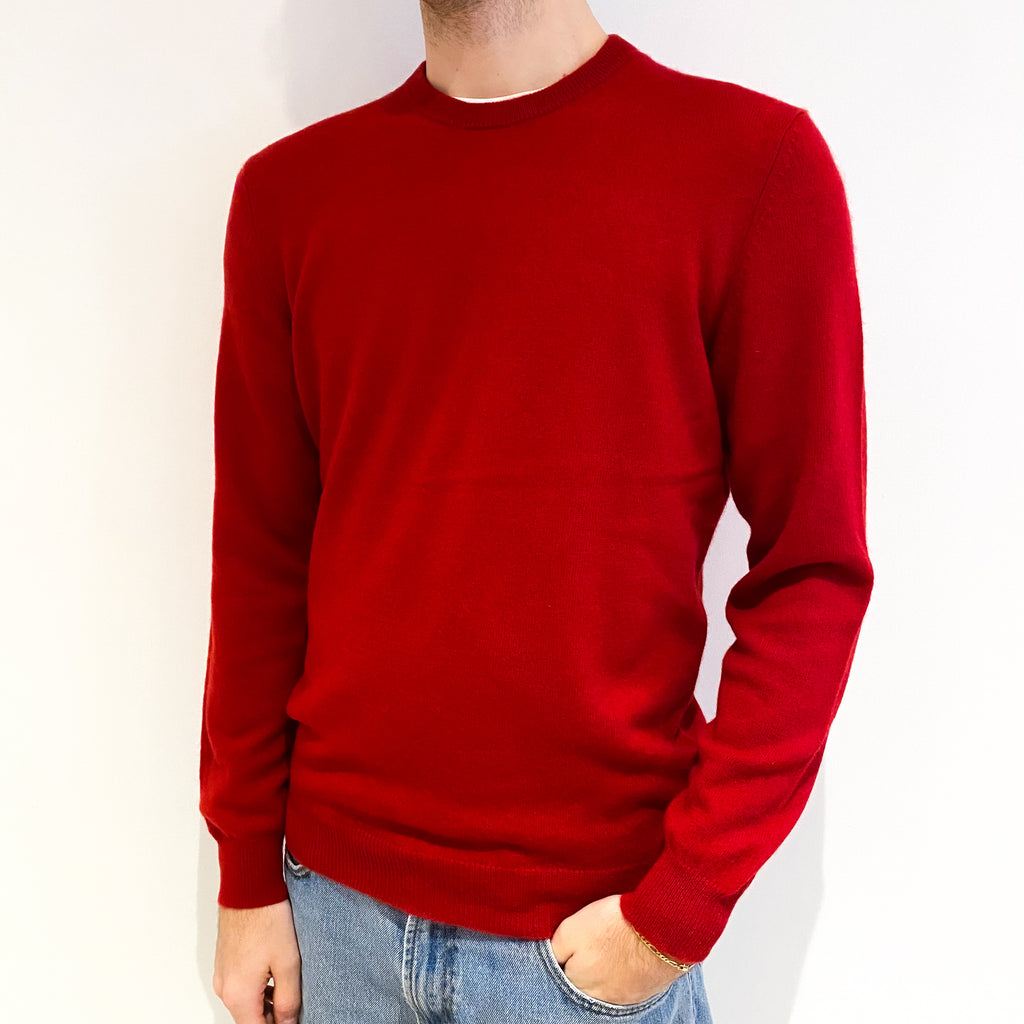 Men's Post Box Red Cashmere Crew Neck Jumper Medium