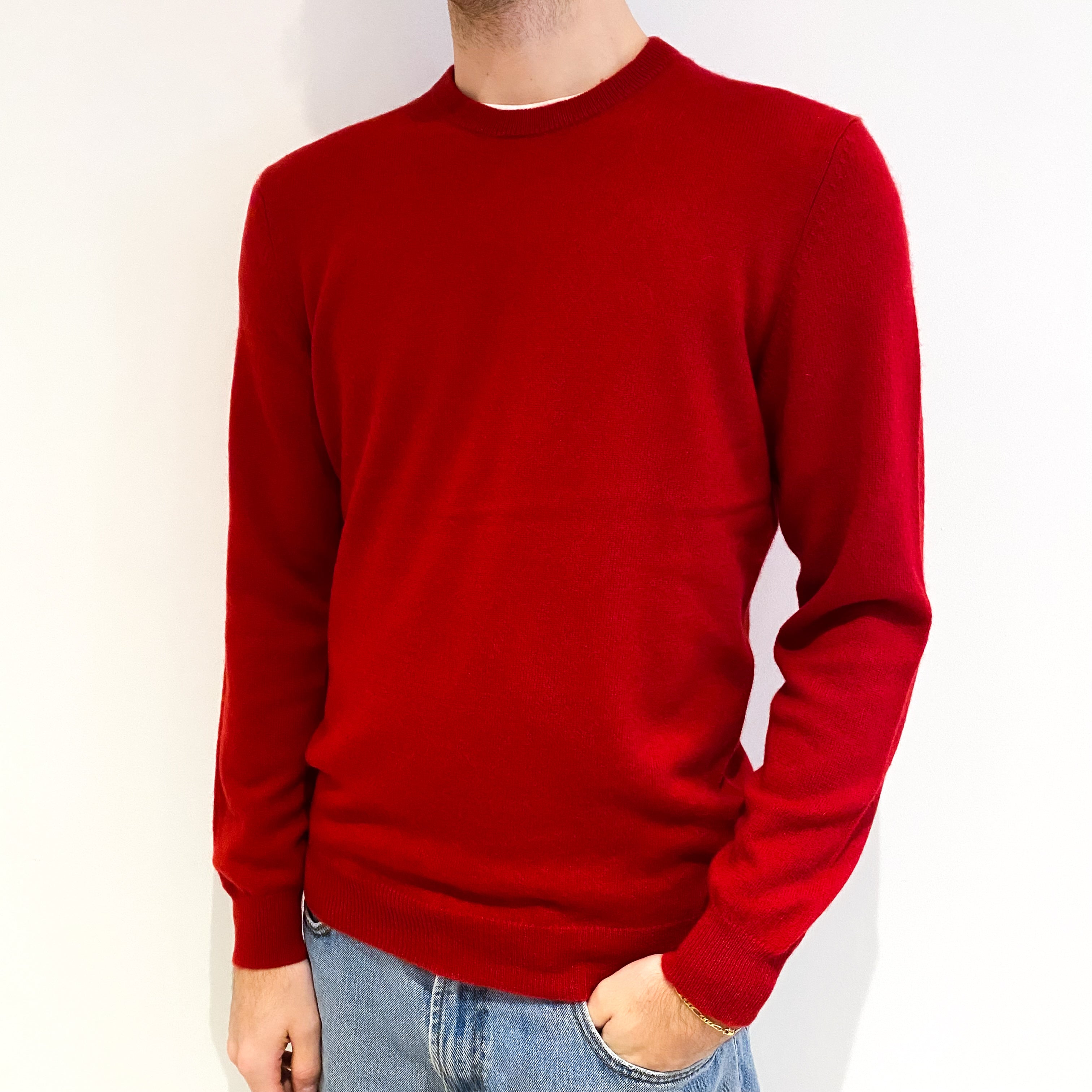 Men's Post Box Red Cashmere Crew Neck Jumper Medium