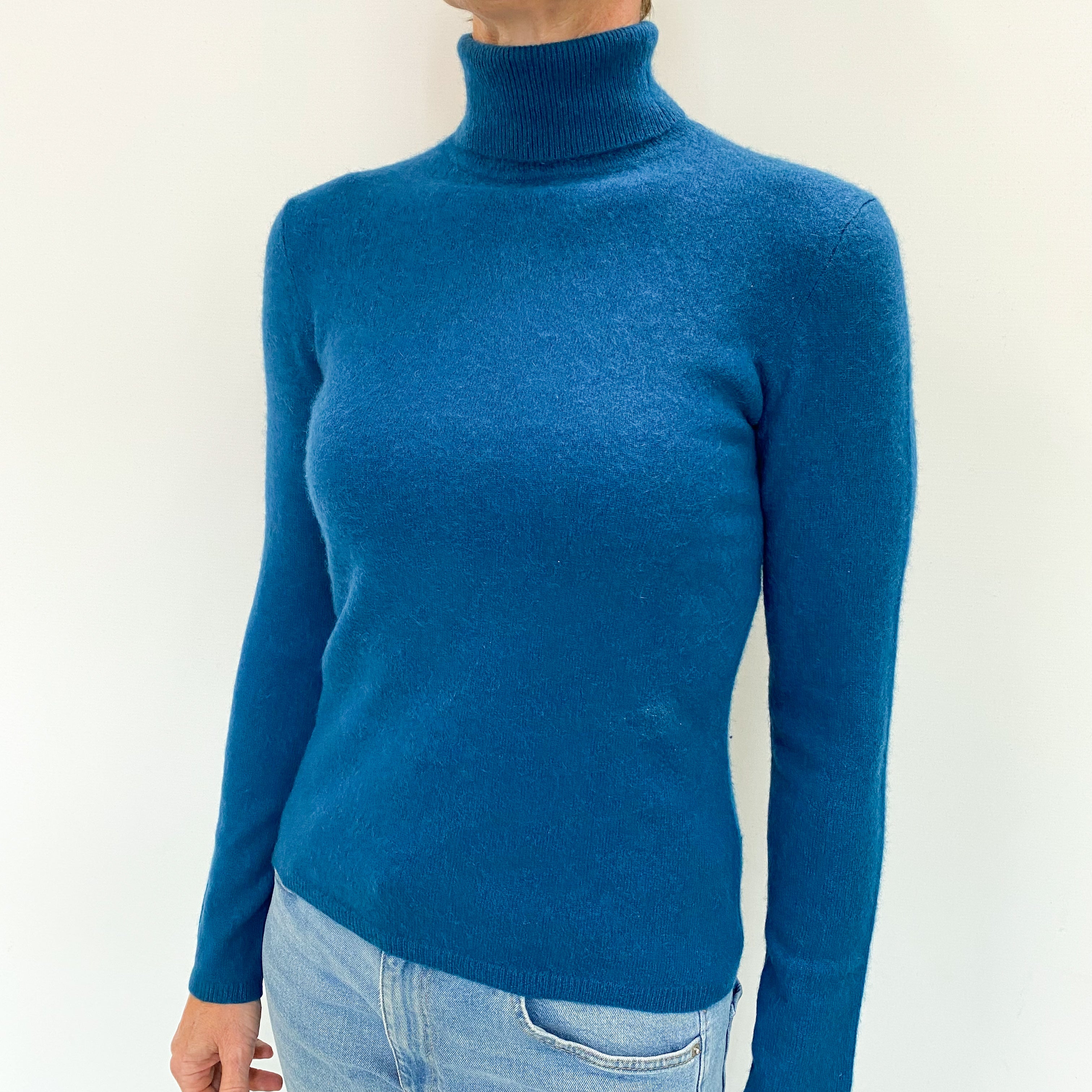 Peacock Blue Cashmere Polo Neck Jumper Small