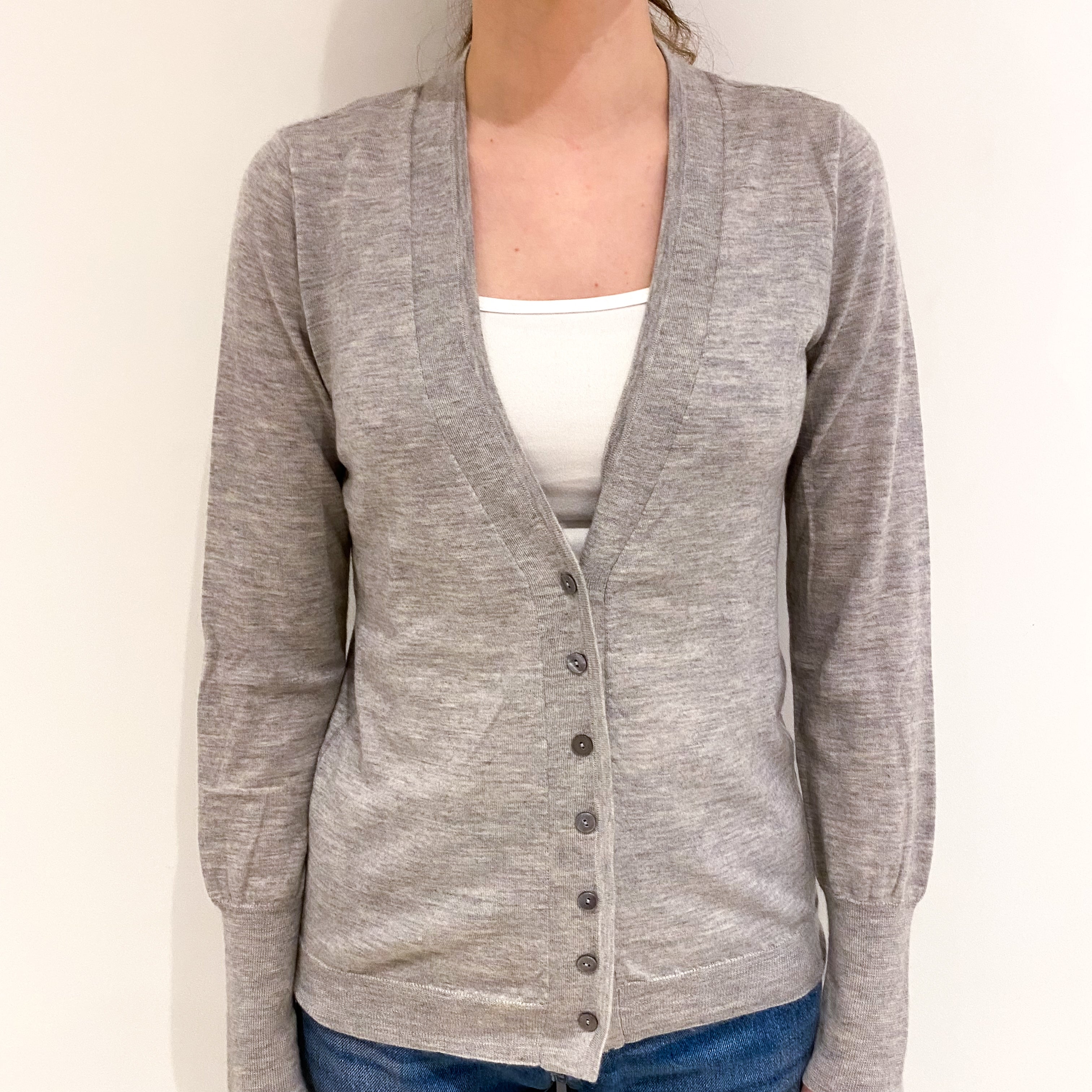 Smoke Grey Fine Knit Cashmere V-Neck Cardigan Extra Small