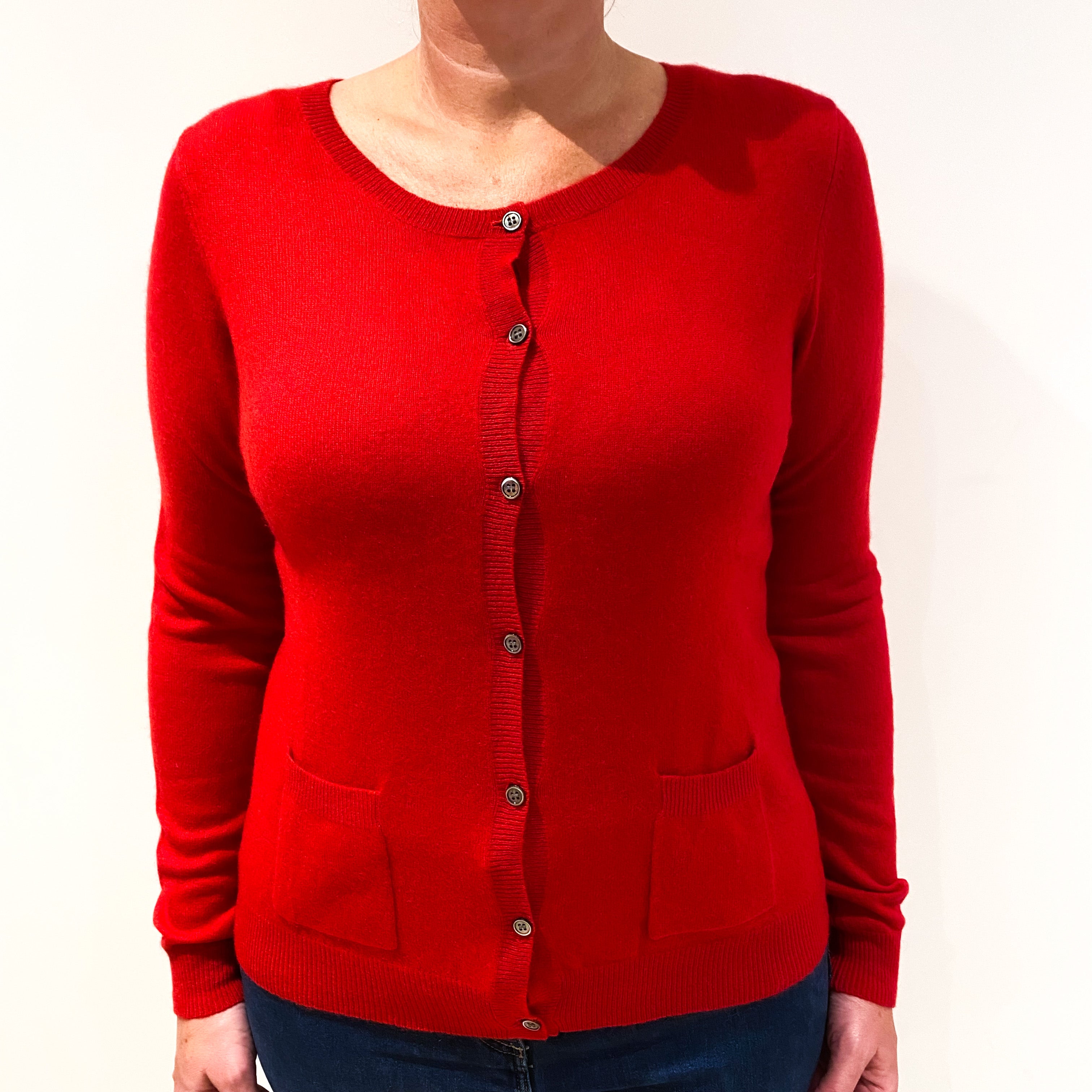 Post Box Red Cashmere Crew Neck Cardigan with Pockets Large
