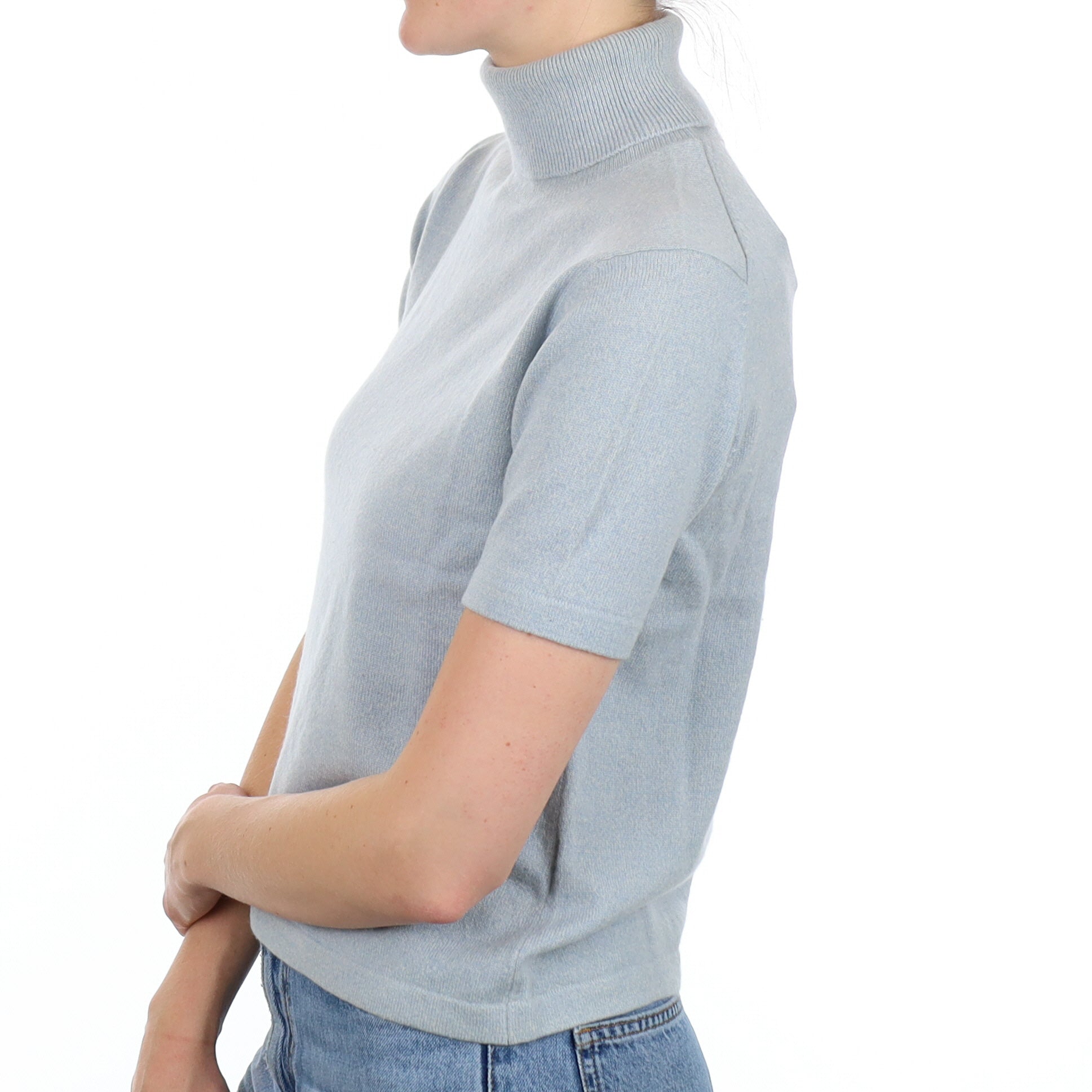 Opal Blue Cashmere Short Sleeve Polo Neck Jumper Small