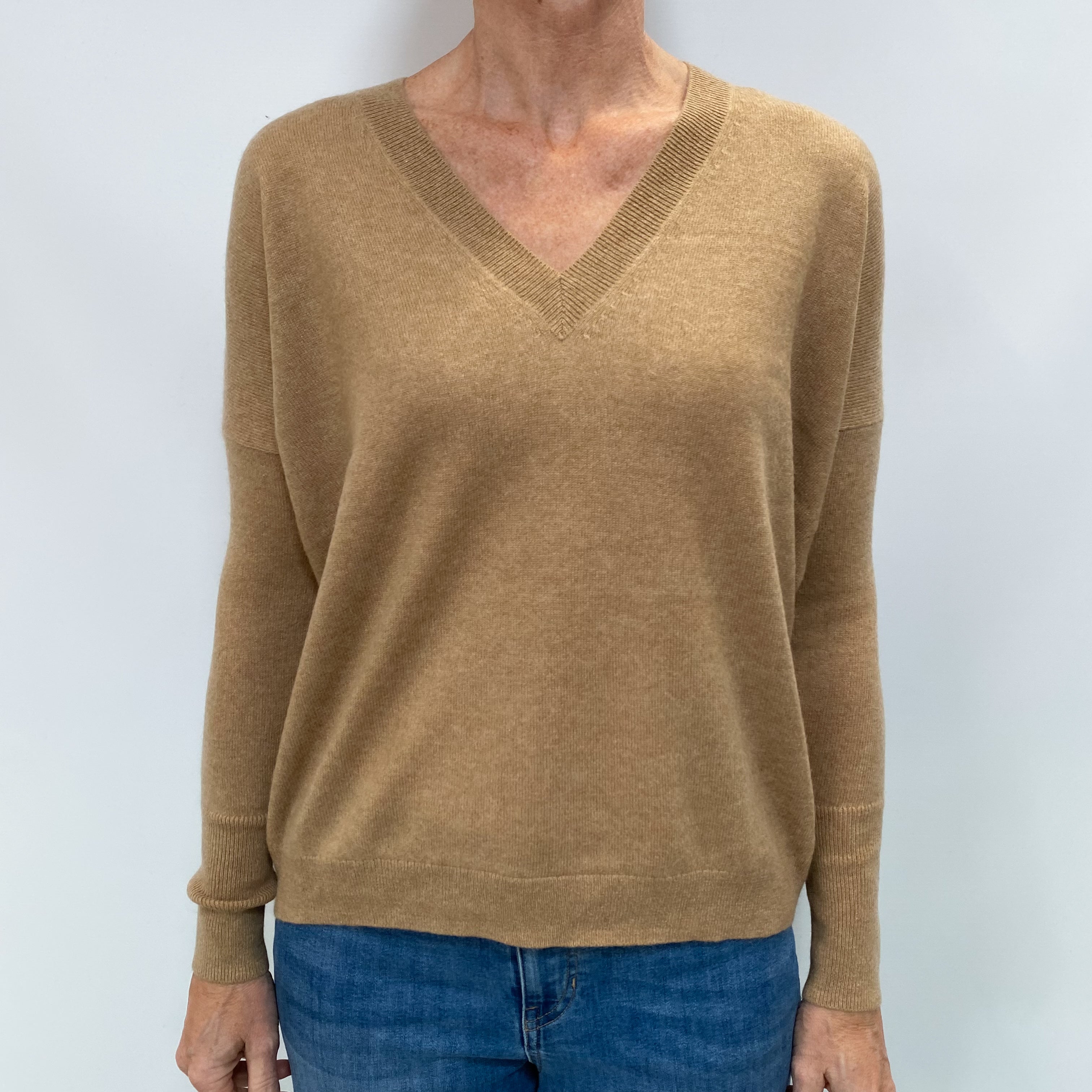 Camel Brown Cashmere V Neck Jumper Small