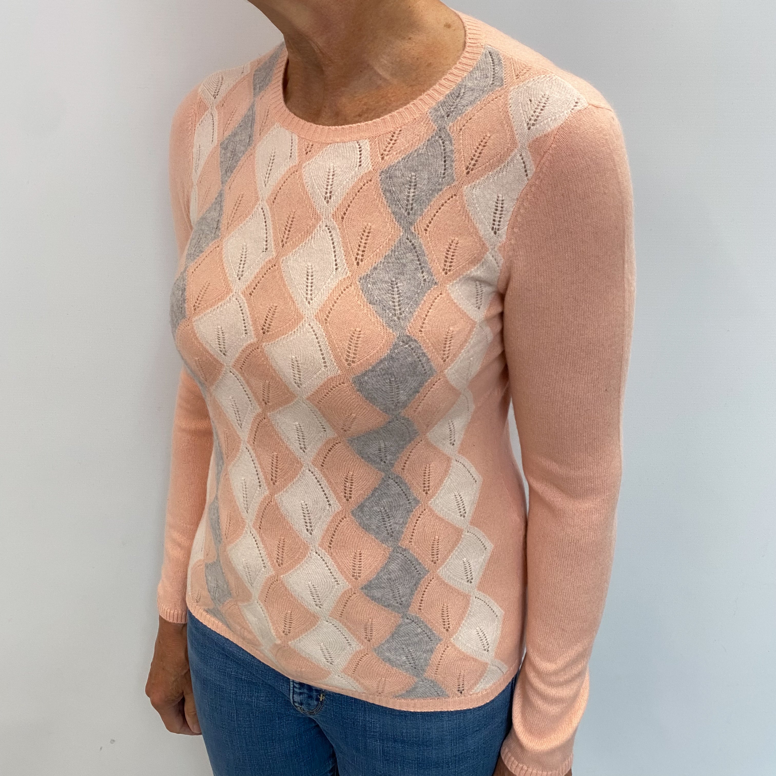 Peach Pink Patterned Cashmere Crew Neck Jumper Medium