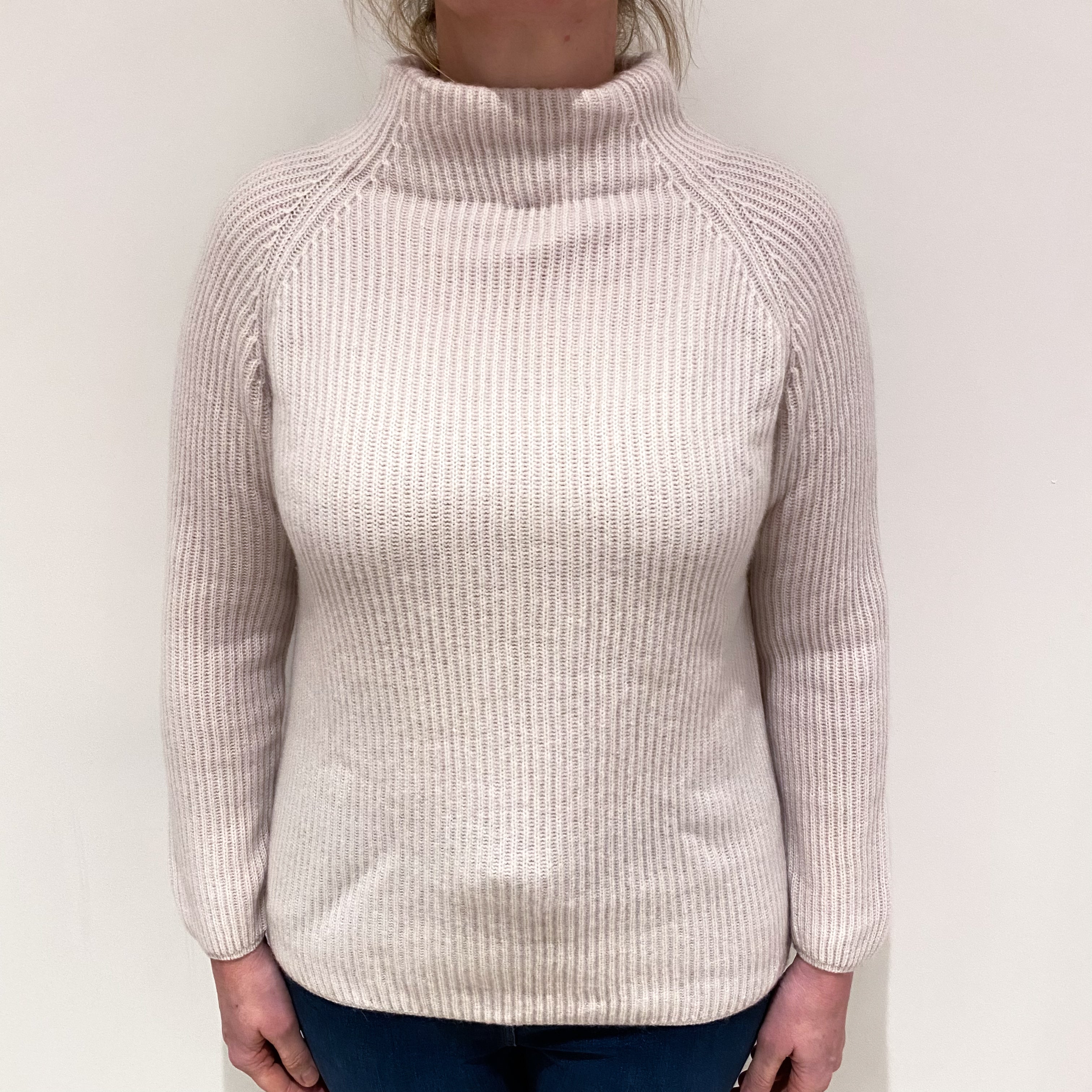 Palest Pink Chunky Rib Cashmere Turtle Neck Jumper Large