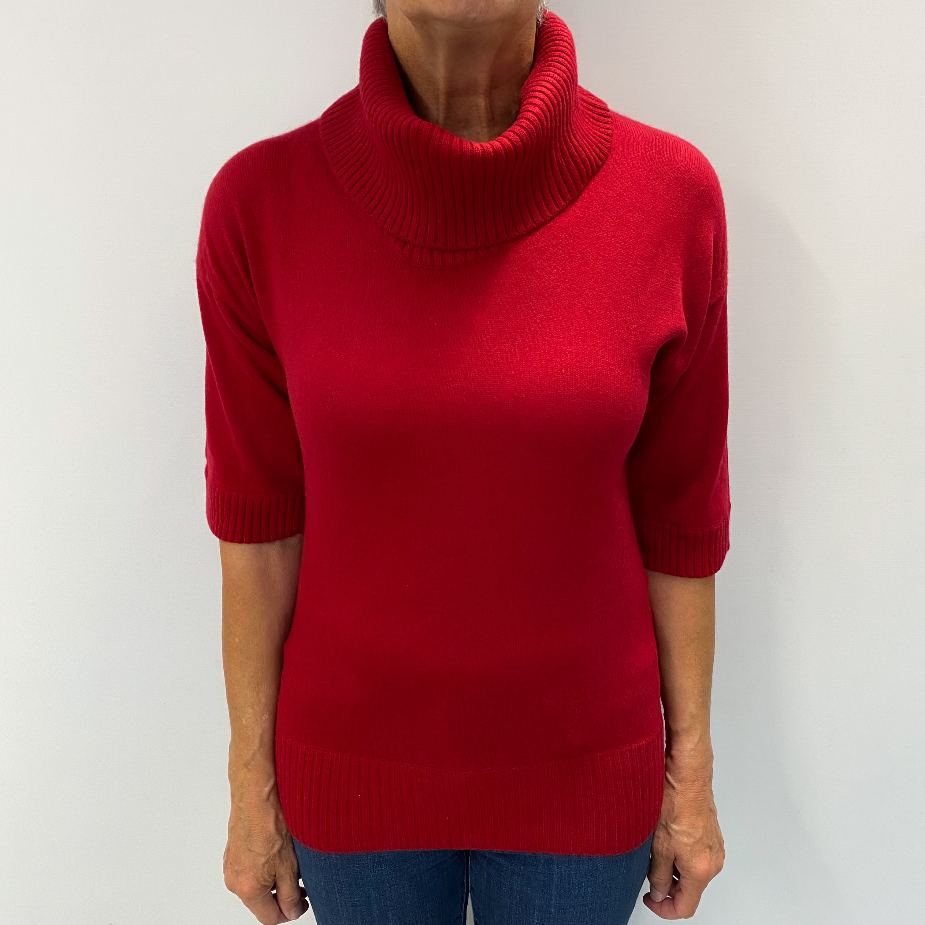 Post Box Red Cashmere 1/2 Sleeve Polo Neck Jumper Medium